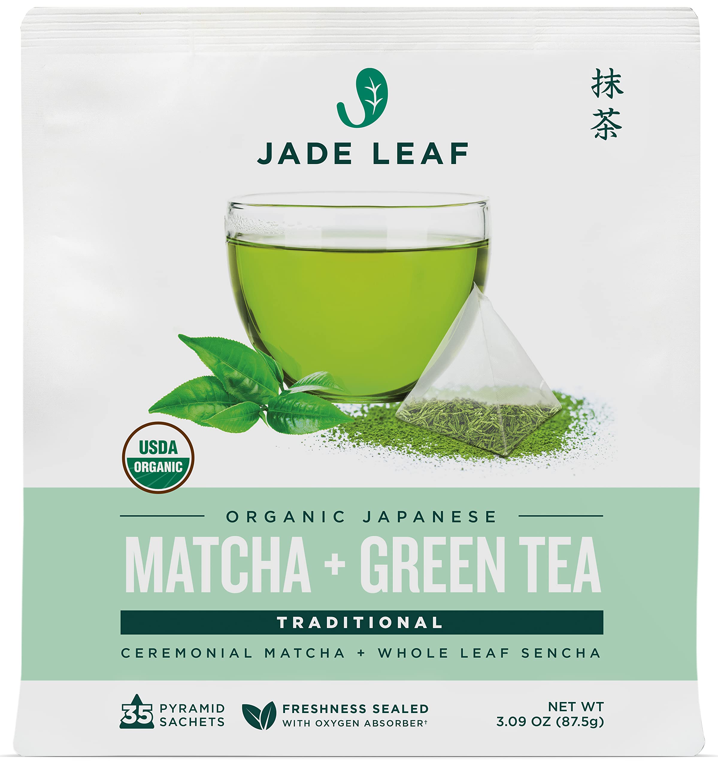 Jade Leaf Matcha Organic Matcha + Green Tea Bags - Traditional - Ceremonial Matcha + Whole Leaf Sencha - Authentic Japanese Origin (35 Pyramid Sachets)