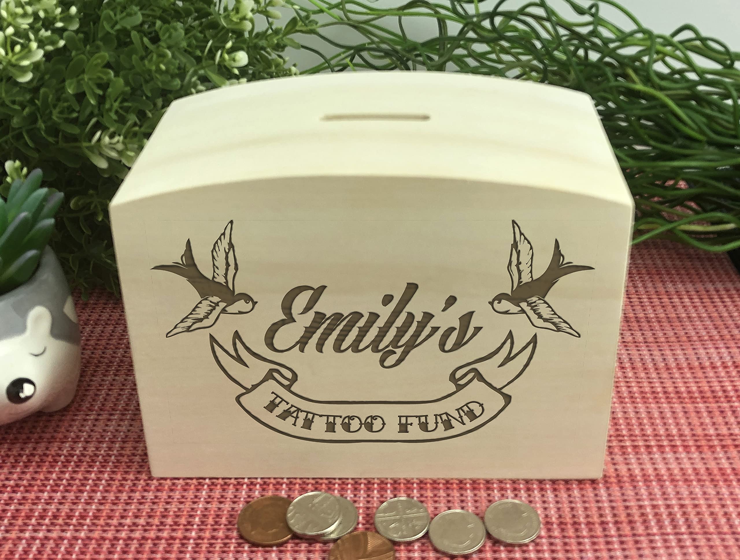 Tattoo Fund Money Box Gift Personalised Wooden Saving Ink Traditional Art