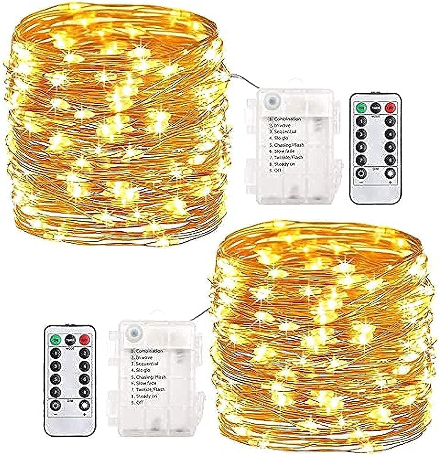 Wishlink Pack of 2Pcs Each 33ft 100 LEDs Outdoor String Lights Battery Operated Fairy Lights 8 Mode Waterproof Copper Wire Lights for Bedroom, Garden, Easter, Xmax Decoration (Warm White)