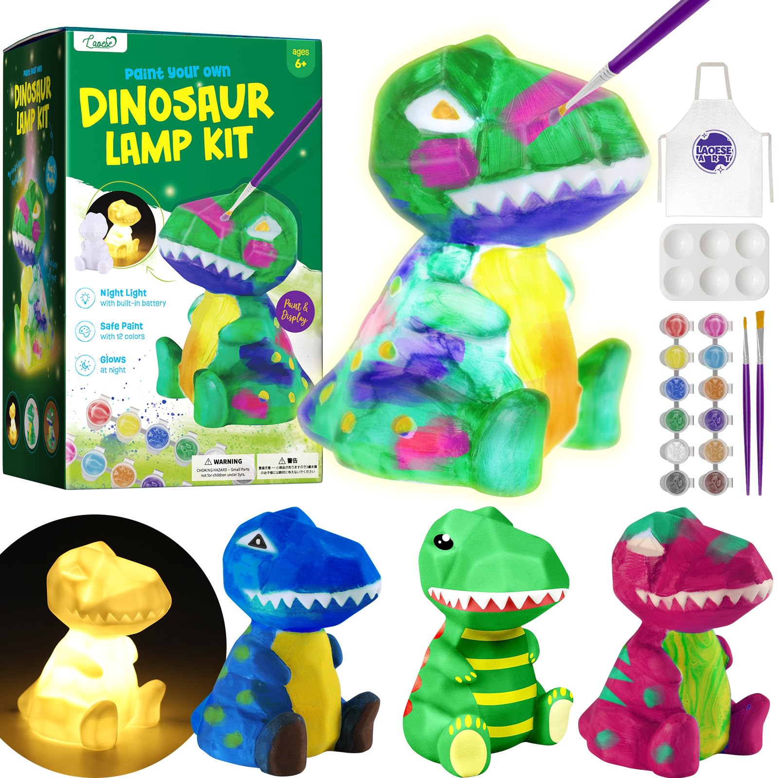 ONE TO FOUR Paint Own Dinosaur Lamp Kit, Dinosaur Toys for Boys, Gift for Boy Kids, Arts and Crafts for Kids, Painting kit for Kids 6-12, Birthday Gift Set Boy Girl Ages 3 4 5 6 7 8 9 10 11 12+