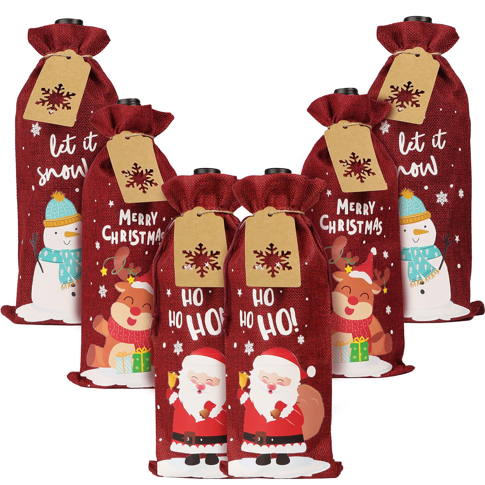 COLOFALLA 6pcs Christmas Wine Bottle Gift Bags Burlap Drawstring Bottle Bags for Wine Christmas Bottle Bags for Wine Cute Santa Claus Snowman Elk