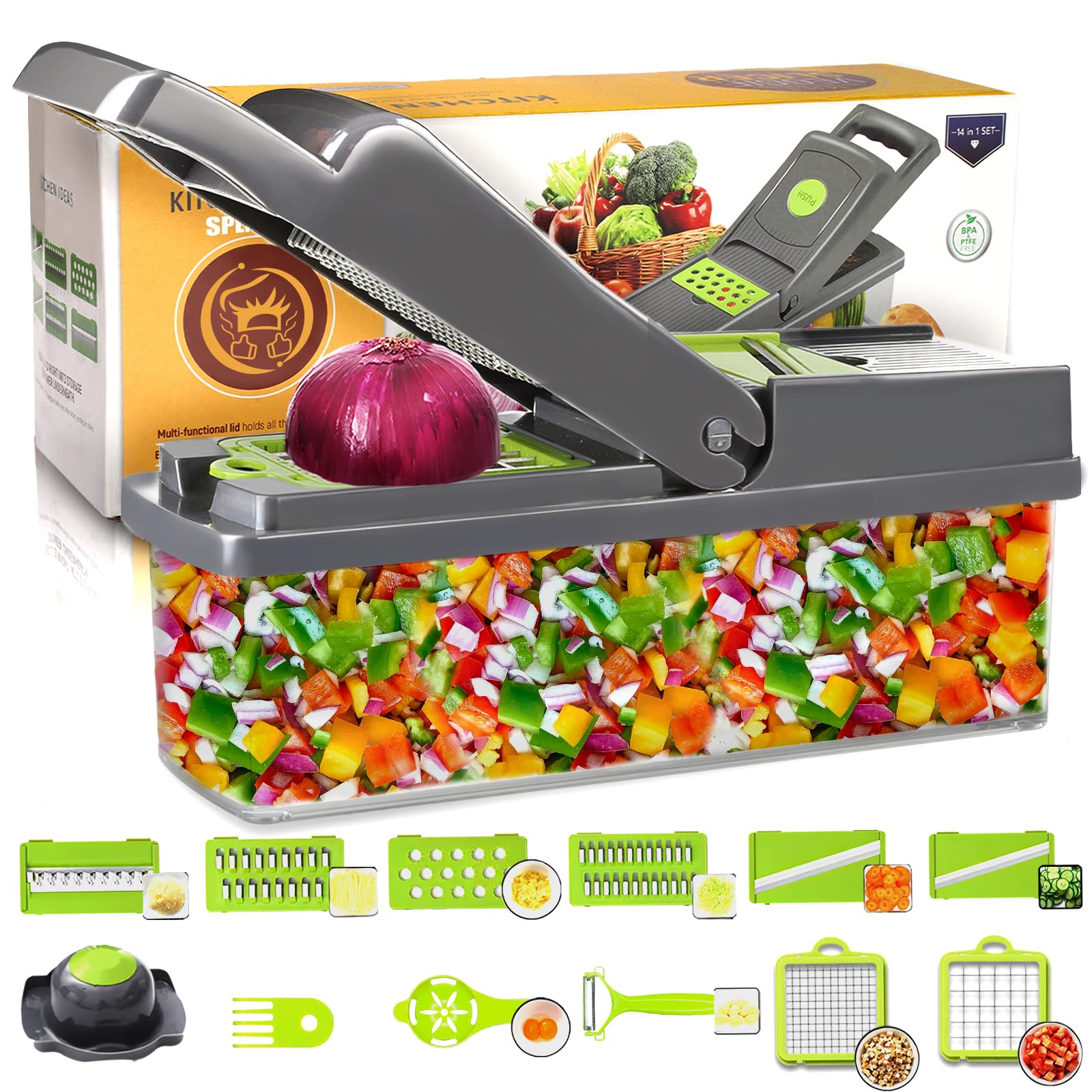 Vegetable Chopper - Adjustable Vegetable Slicer - Kitchen Gift Gadget Slicer for Salad Potatoes Carrots Garlic with Container Onion Chopper with Container - Professional Food Chopper 12 in 1