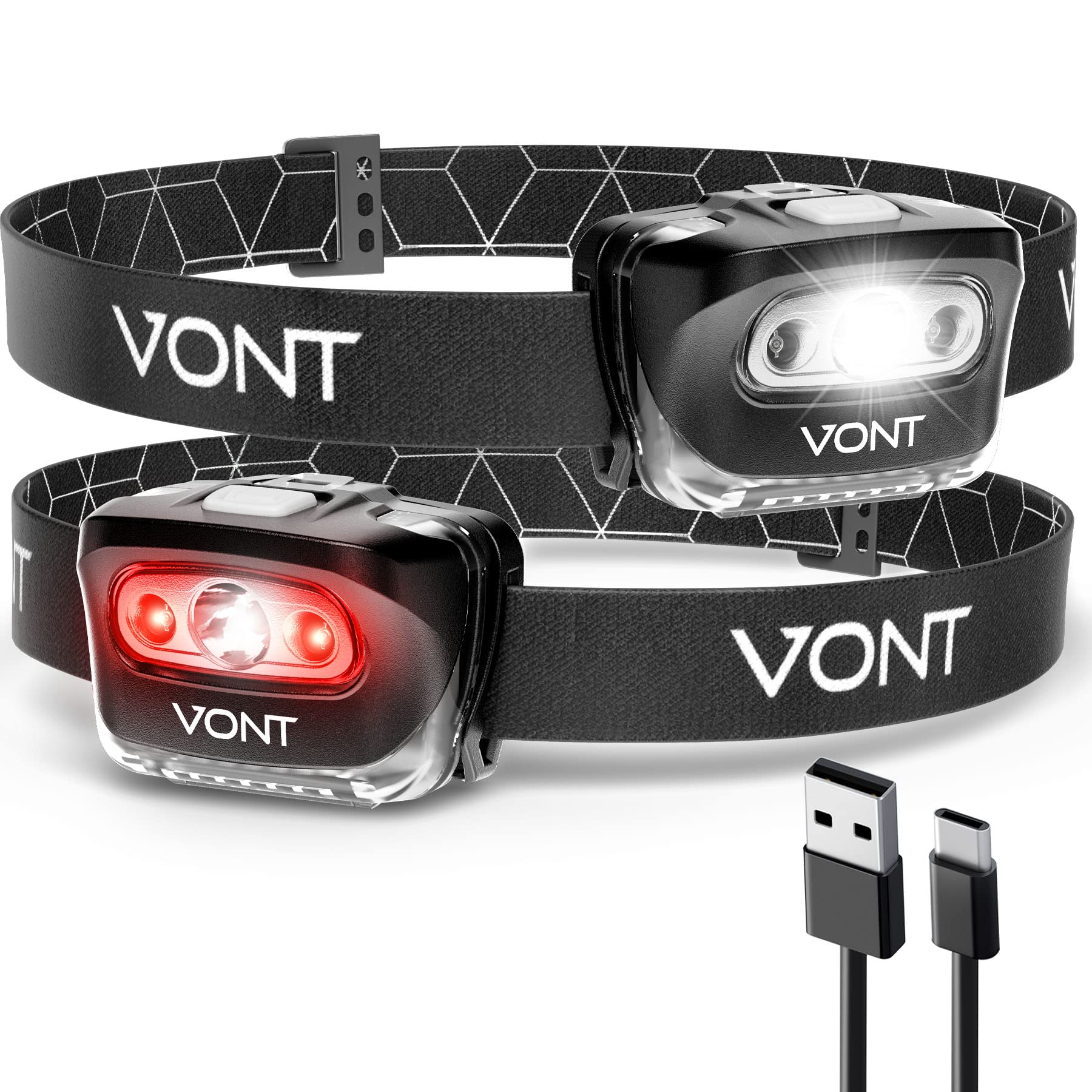 VontLED Headlamp [Batteries Included, 2 Pack] IPX5 Waterproof, with Red Light, 7 Modes, Head Lamp, for Running, Camping, Hiking, Fishing, Jogging, Headlight for Adults & Kids, Red (Rechargeable)