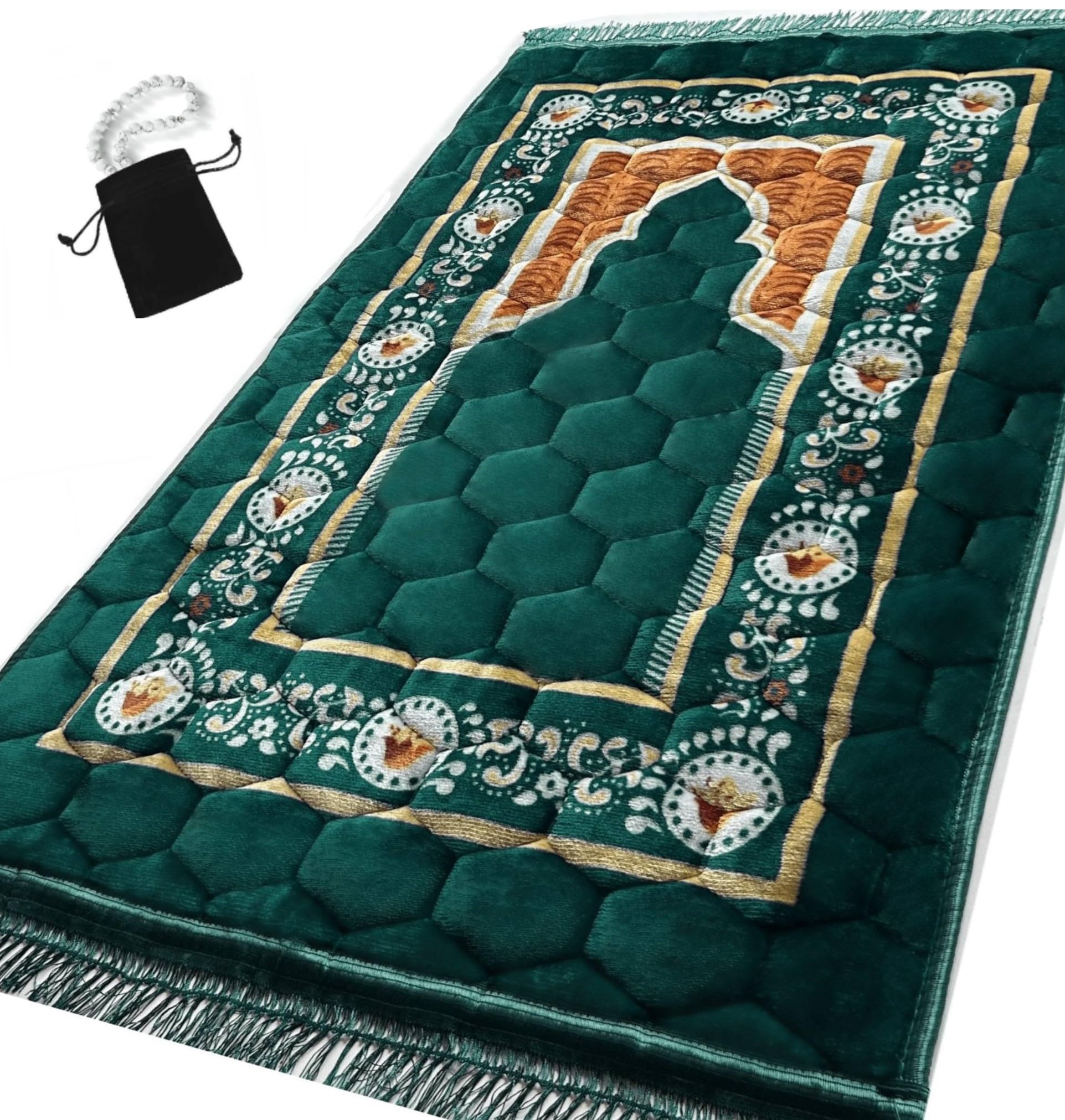 Prayer Rug Muslim Mat Islamic - Padded Very Thick Prayer Rug Sajadah for Men Women with Islam Prayer Beads for Eid Travel Ramadan, Soft and Luxury (Green Dl)