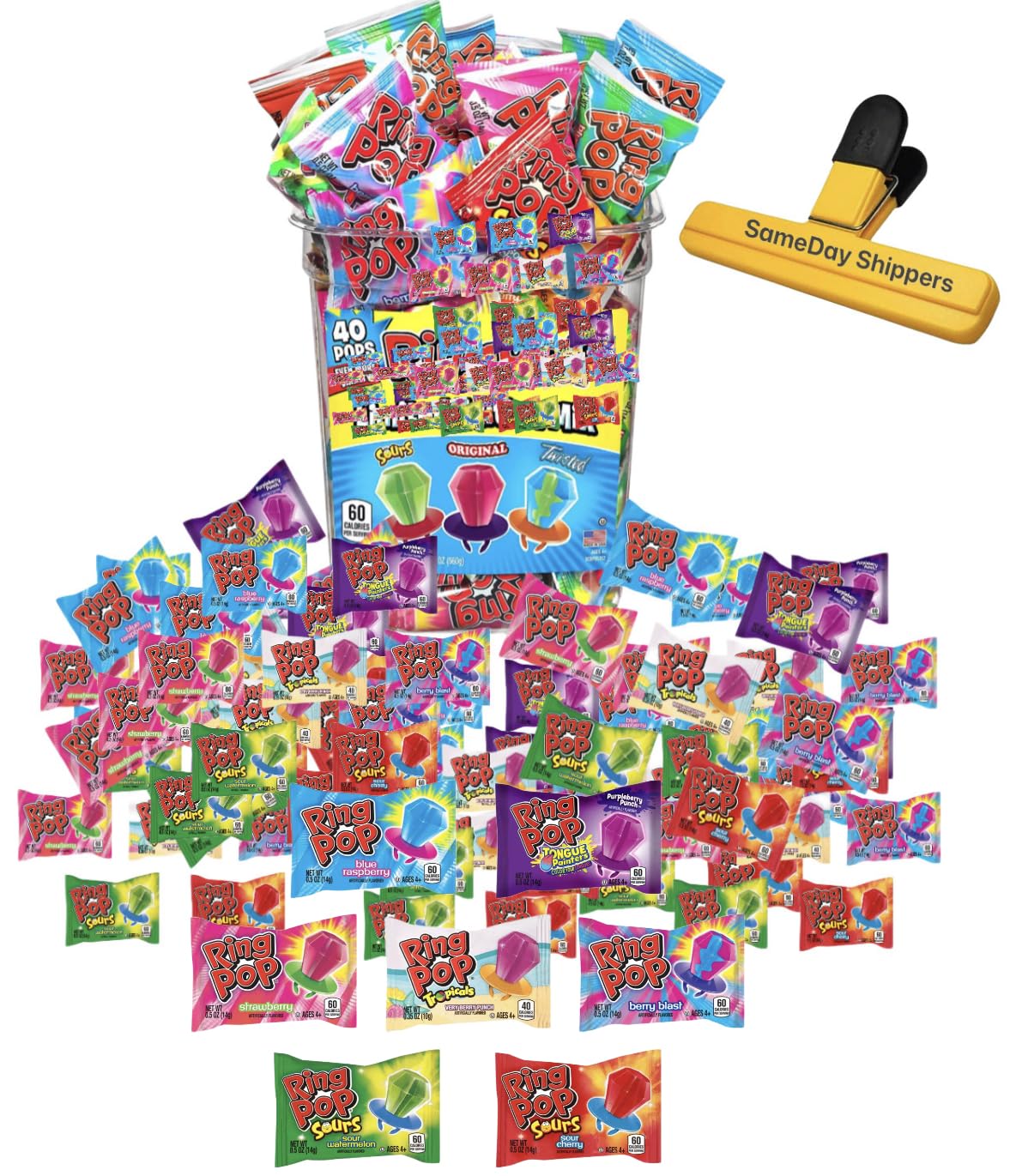 RING POPS (Bulk Variety Pack 40 ct) | Ring Pop Individually Wrapped Bulk Lollipop Variety Pack Suckers| Assorted Flavors Lollipops Candy Tub | SameDay Shippers Bag Clip Included