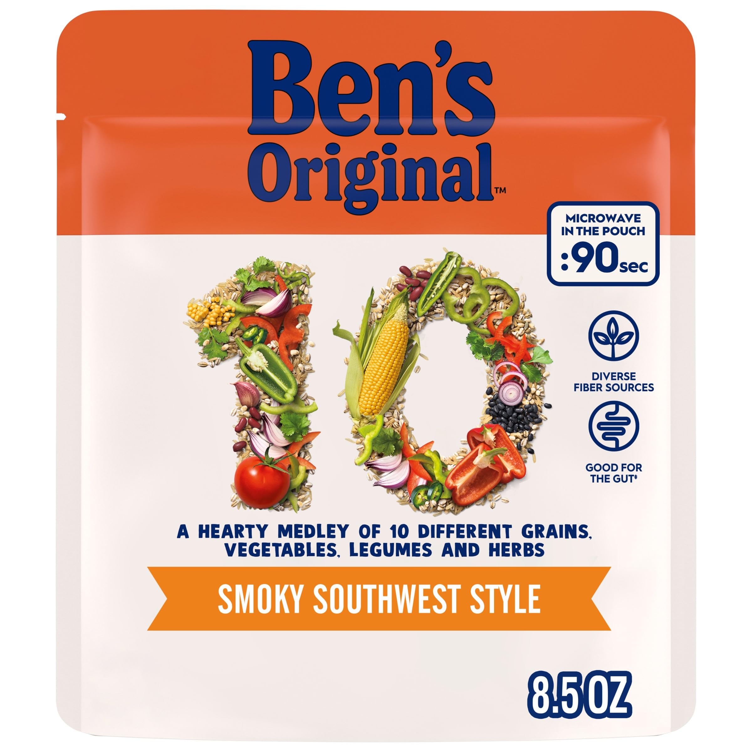 BEN'S ORIGINAL10 MEDLEY Smoky Southwest, Hearty Medley of Grains, Vegetables, Legumes and Herbs, Side Dish, 8.5 OZ Pouch