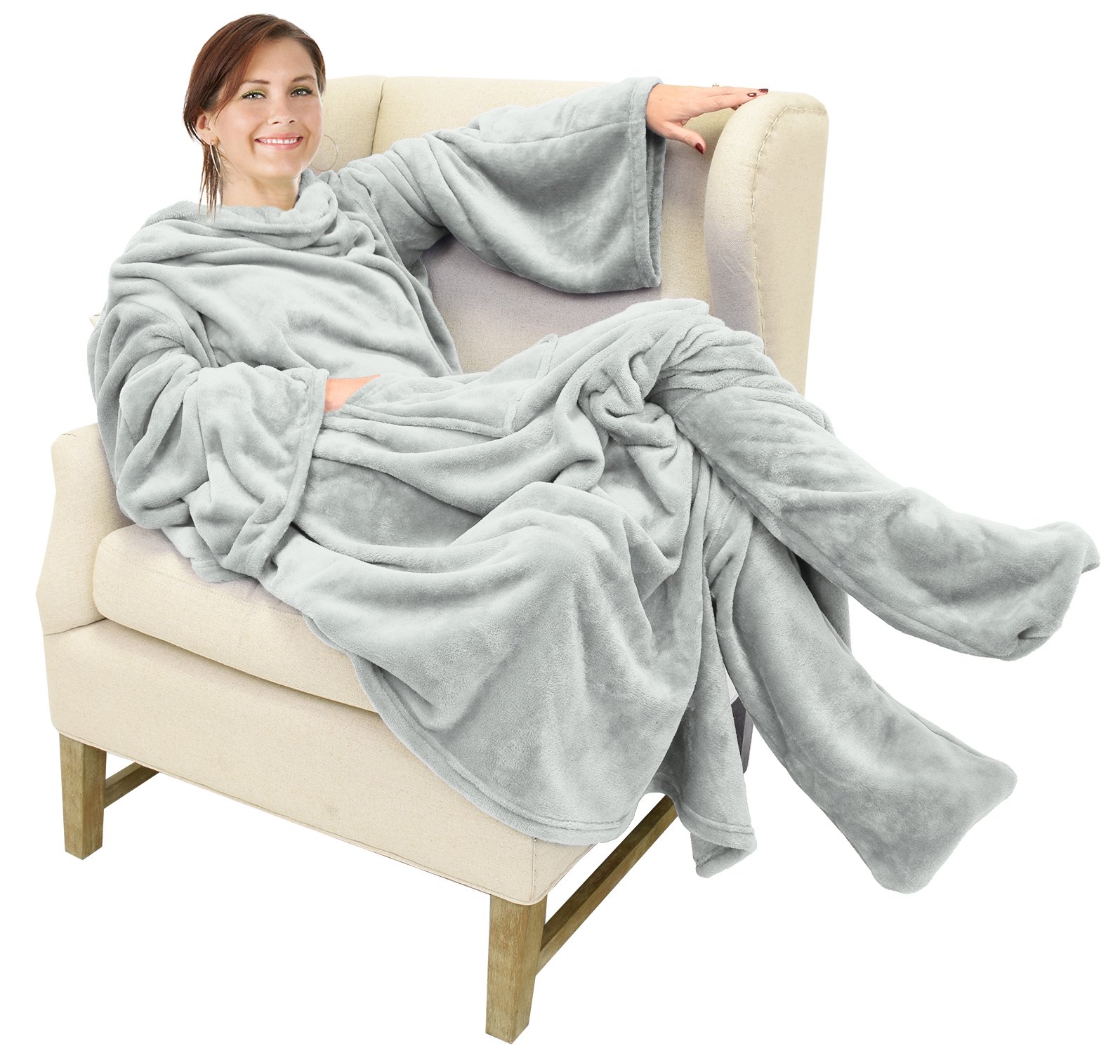 Catalonia Wearable Fleece Blanket with Sleeves and Foot Pockets for Adult Women Men, Micro Plush Comfy Wrap Sleeved Throw Blanket Robe Large, Grey