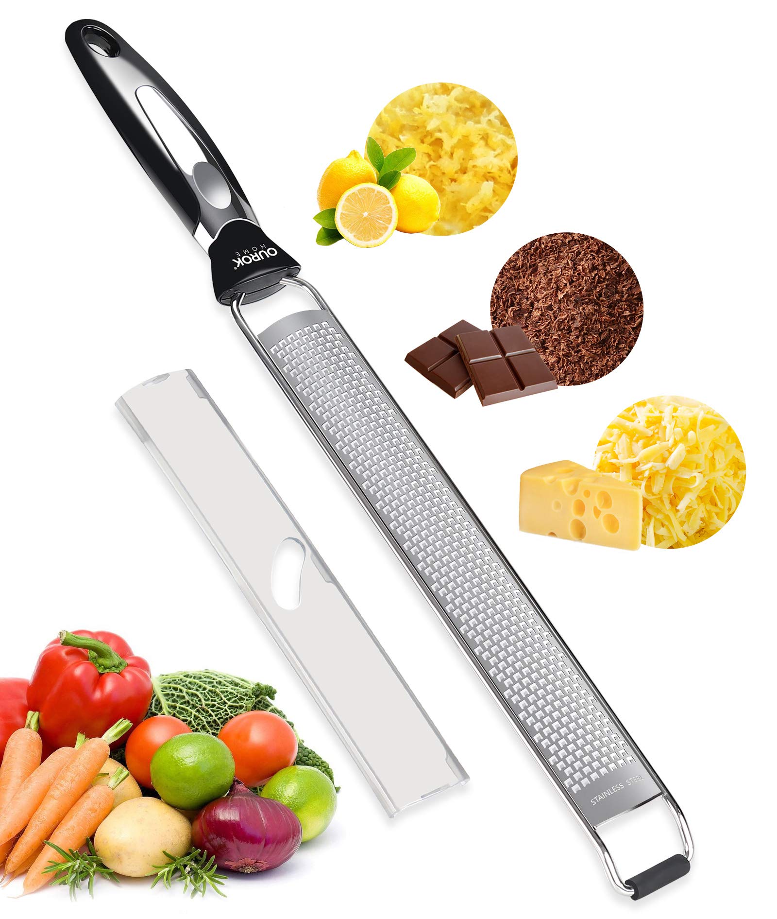 Ourokhome Kitchen Lemon Zester Grater, Stainless Steel Handheld Fine Zester tool for Lemon, Nutmeg, Parmesan Cheese, Chocolate, Ginger, Coconut, Citrus, Orange, Lime with Cleaning Brush (Black)