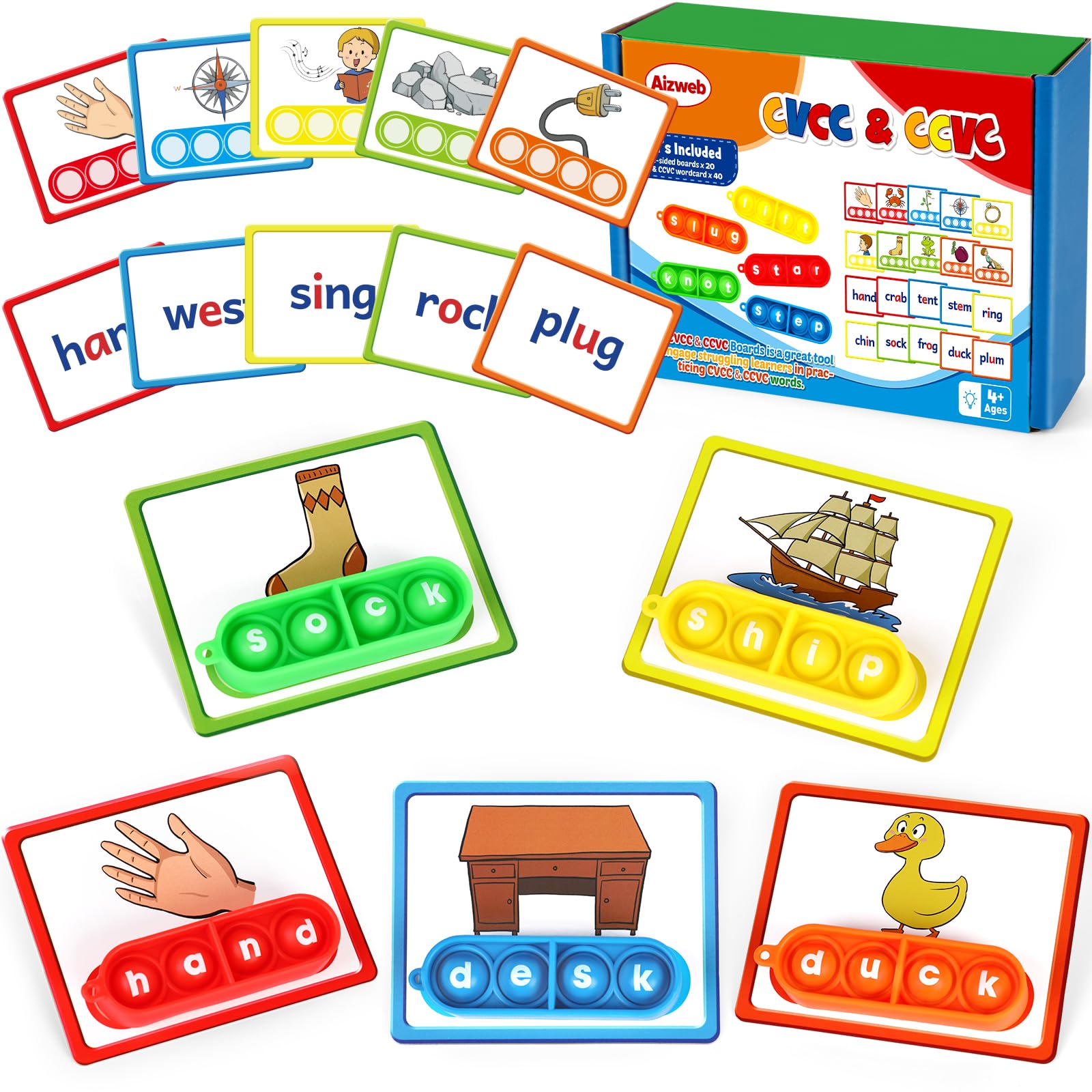 Aizweb CVCC & CCVC Word Game,Phonics Games Flash Cards for Preschool Kindergarten Classroom Supplies,Special Education Reading Manipulative Montessori Spelling Toy for Learning Activity Teacher School