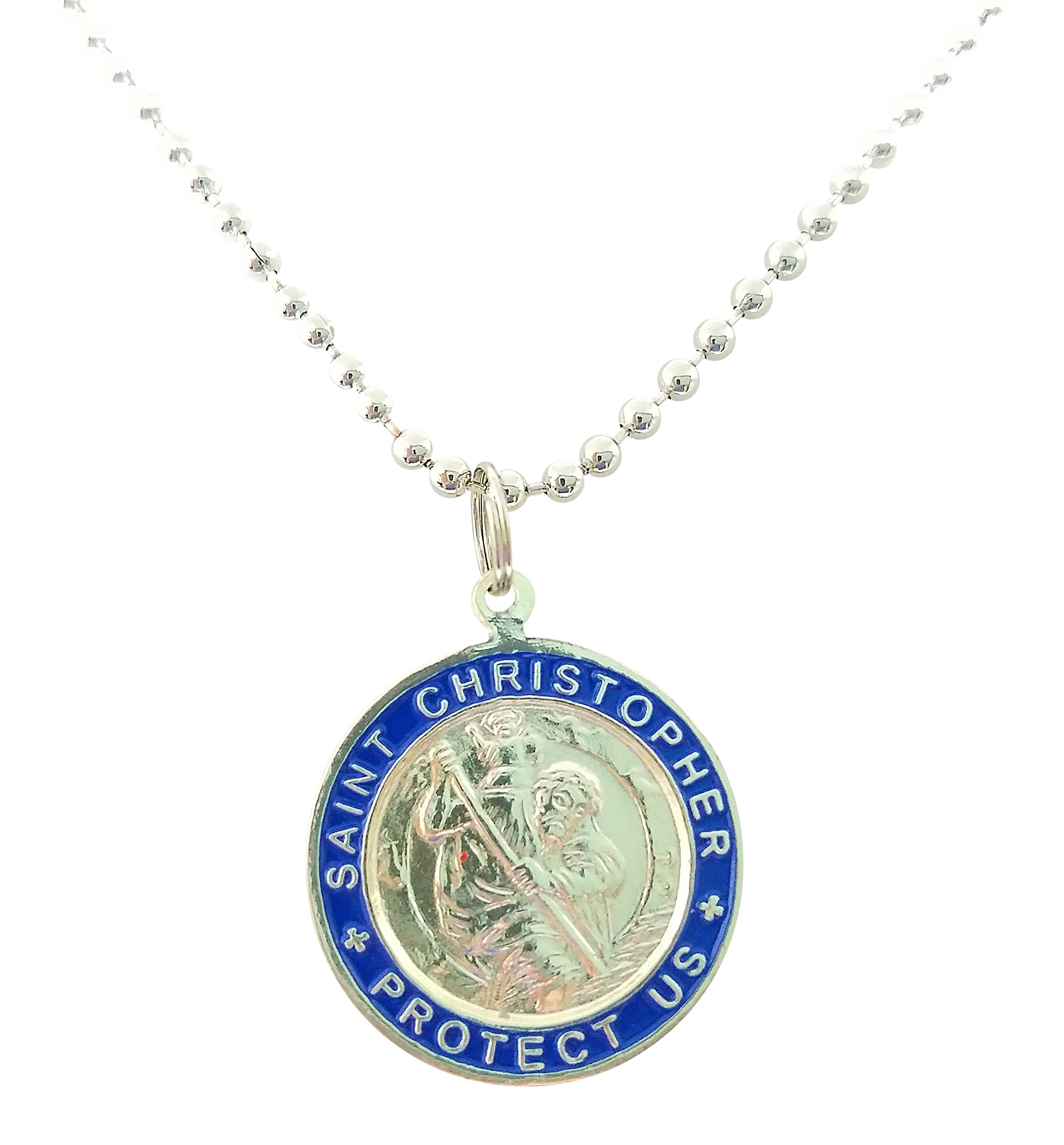 Baja Billys Ocean CreationsSt. Christopher Surf Necklace, Large Pendant, Silvertone with Navy Blue Rim, 23 Inch Ball Chain