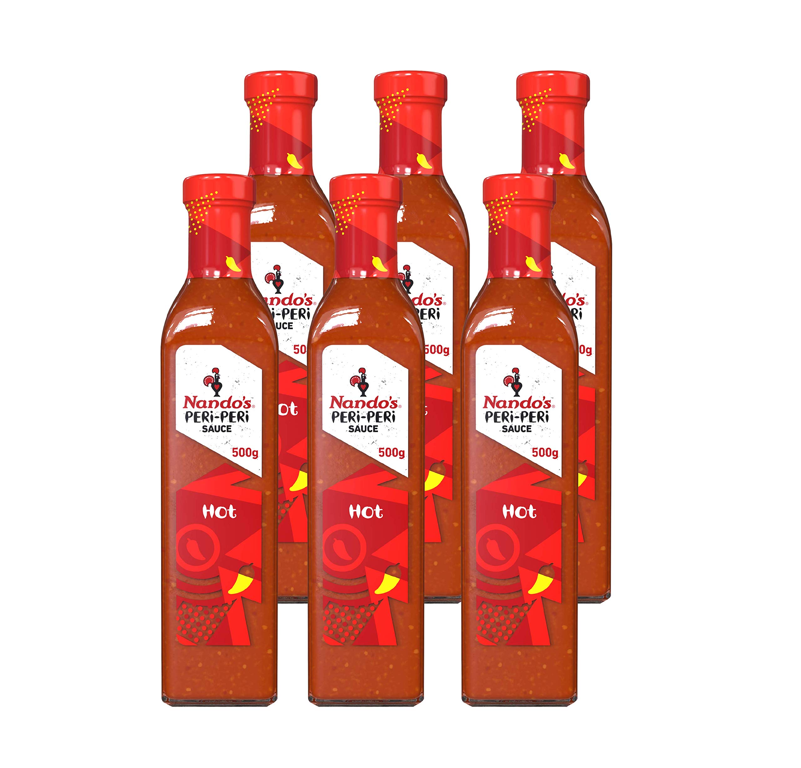 Nando's Hot PERi-PERi Sauce | Hot | No Artificial Colours or Flavours | Gluten Free (GF) | Halal | Vegetarian | 500g | Pack of 6