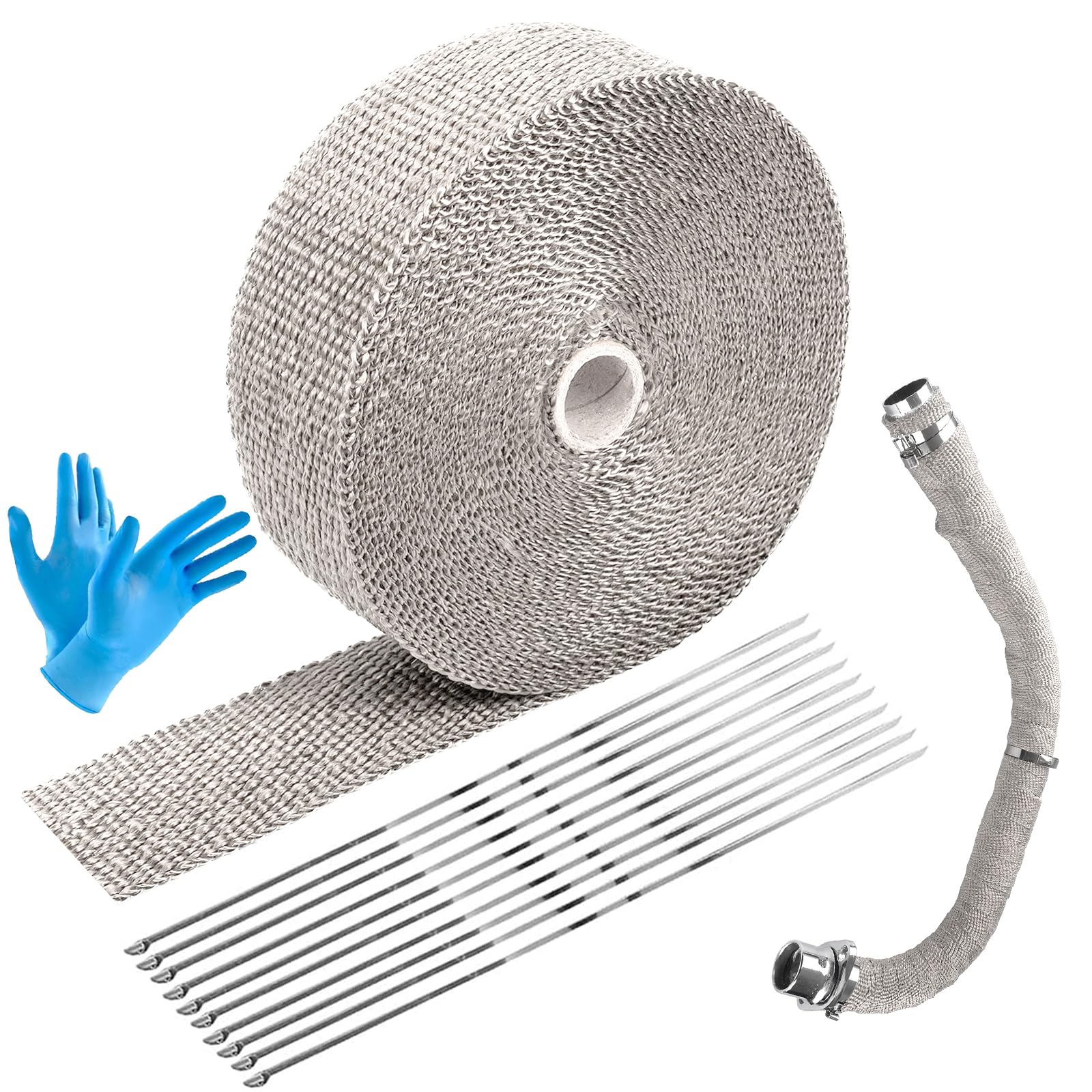 Zurligi Titanium Lava Fiber 50mm x15m Exhaust Header Wrap Kit, Exhaust Heat Wrap Roll, Durable for Automotive & Motorcycle Fiberglass Heat Shield Tape with Stainless Ties, High Temperature Resistance