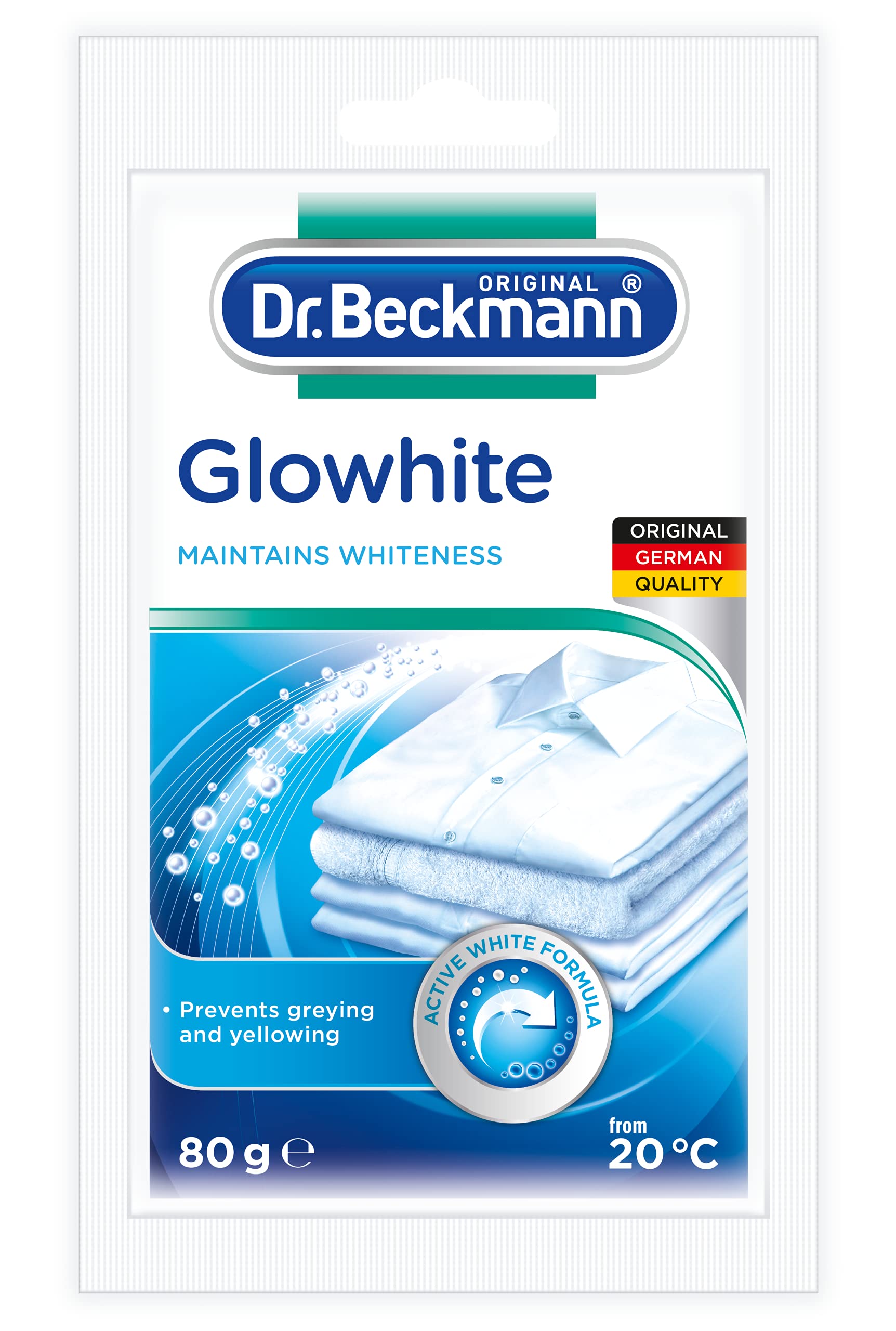 Dr. Beckmann Glowhite Fabric Whitener 80g | Removes Grey Discoloration | Combats Yellowing | Getting White Laundry Whiter