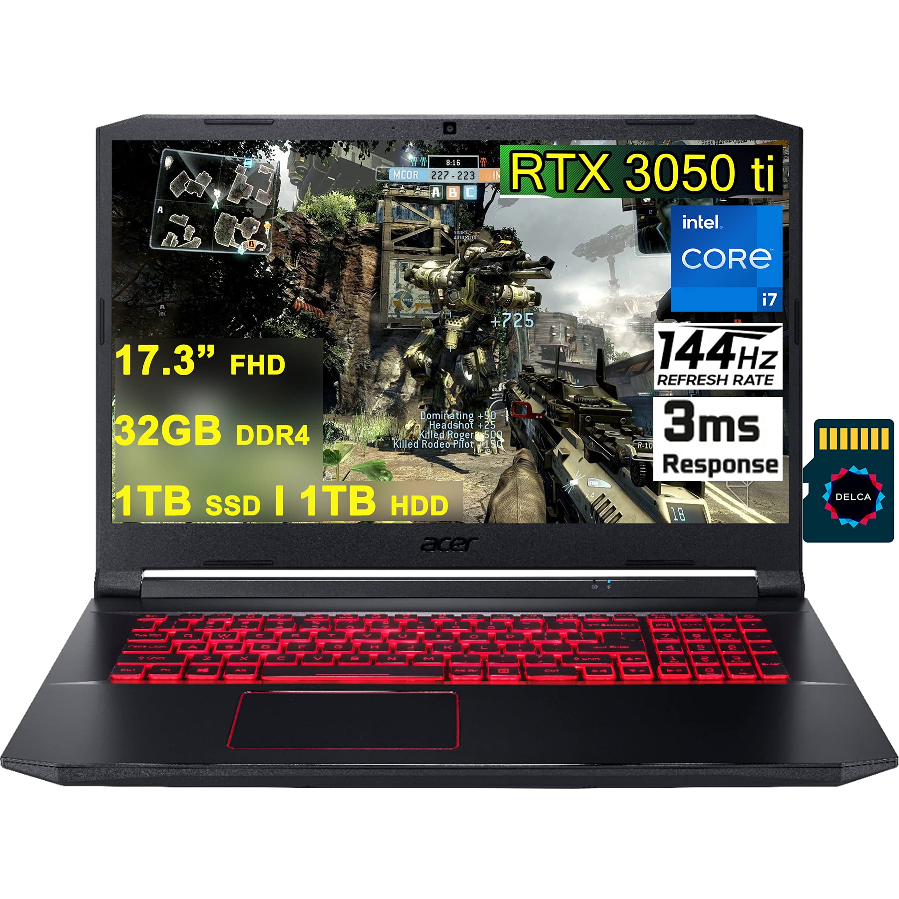 Acer Nitro 5 Gaming Laptop I 17.3” FHD IPS 144Hz 3ms I 11th Gen Intel 8-Core i7-11800H I 32GB DDR4 1TB SSD + 1TB HDD I GeForce RTX 3050Ti 4GB I Backlit USB-C Win10 Black + 32GB MicroSD Card