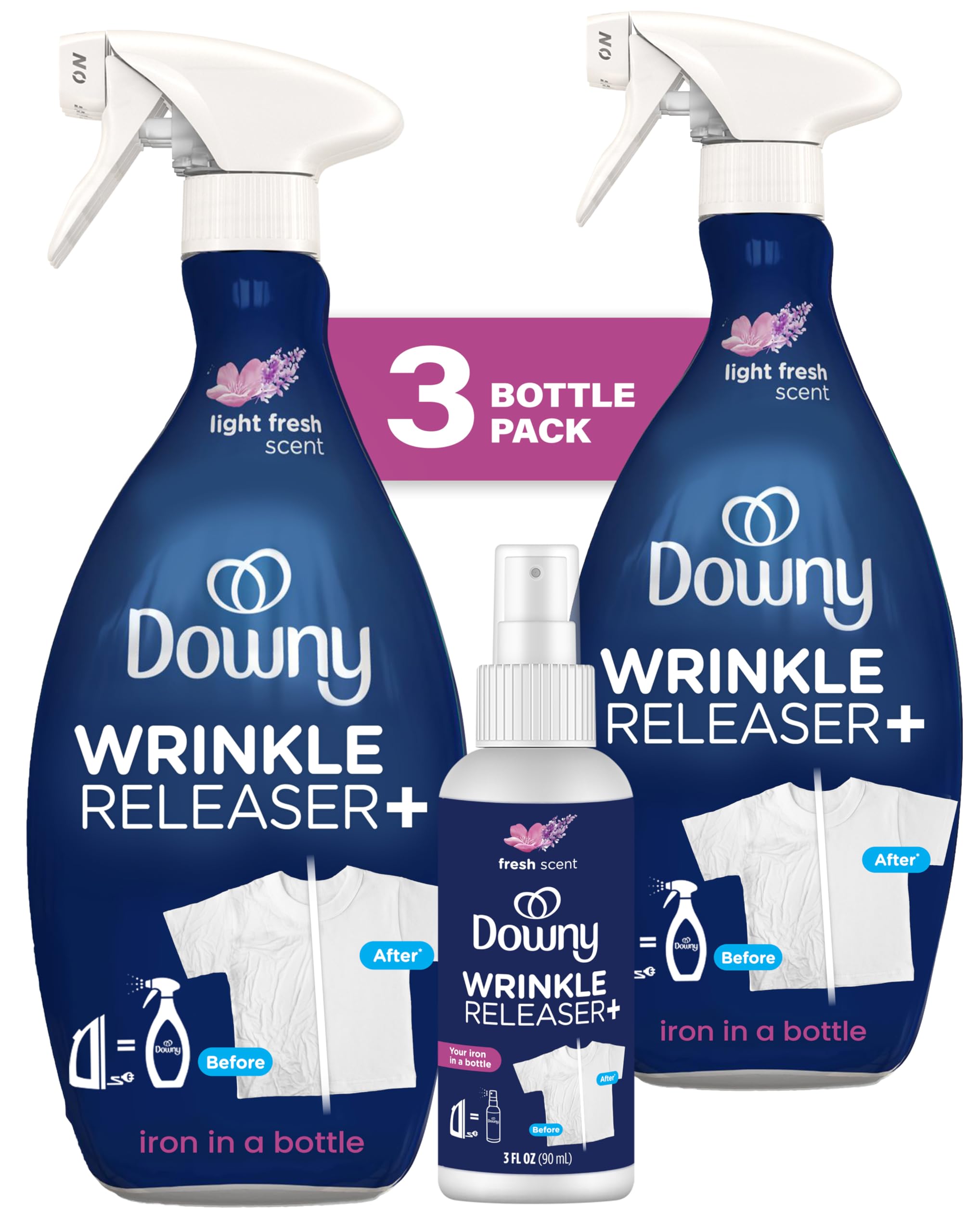 DownyWrinkle Releaser Spray, Travel Size Spray + 16.9 Fl Oz Pack of 2, All In One Formula, Removes Wrinkles, Static and Odors, Light Fresh Scent