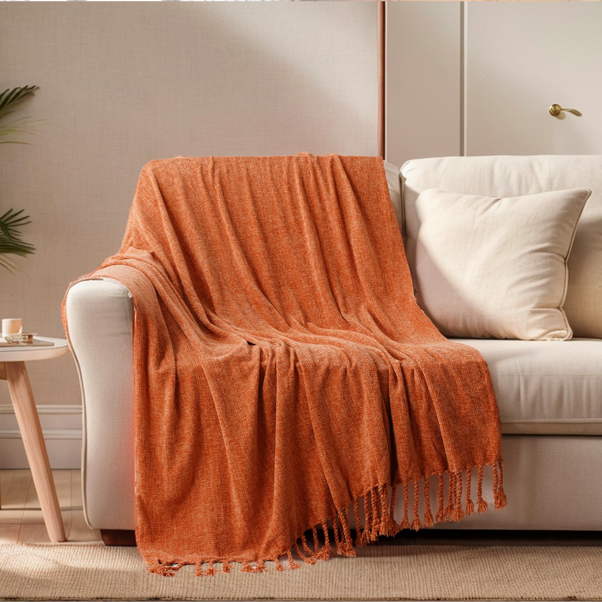 BATTILO HOME Burnt Orange Throw Blanket for Couch, Decorative Fringe Velvety Orange Throw Blanket for Bed, Fall Decor Blankets & Throws, 50"x60"