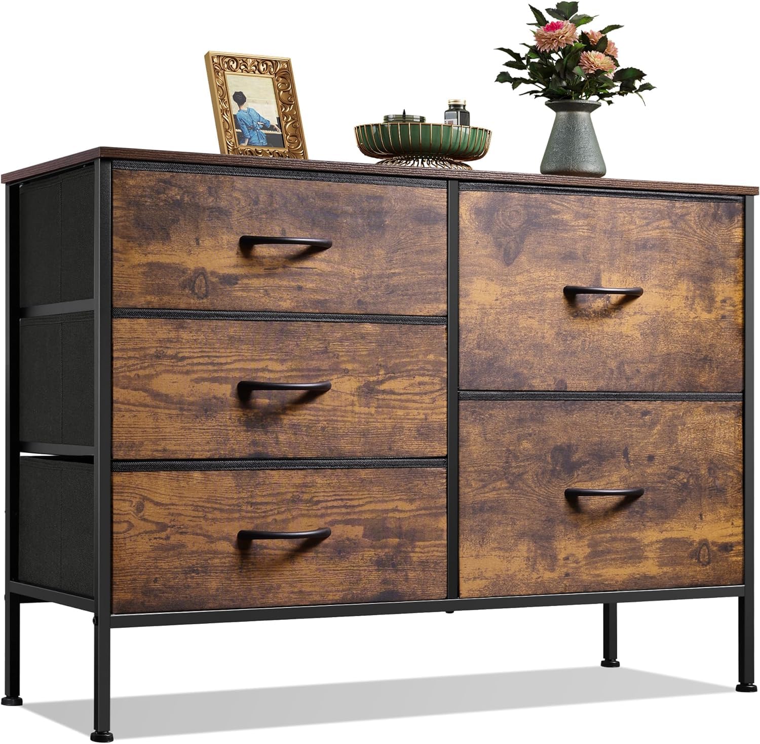 WLIVE Chest of Drawers, 5 Fabric Drawers Cabinet with Easy Pull Handle, Wood Top and Sturdy Steel Frame for Bedroom, Living Room, Rustic Brown