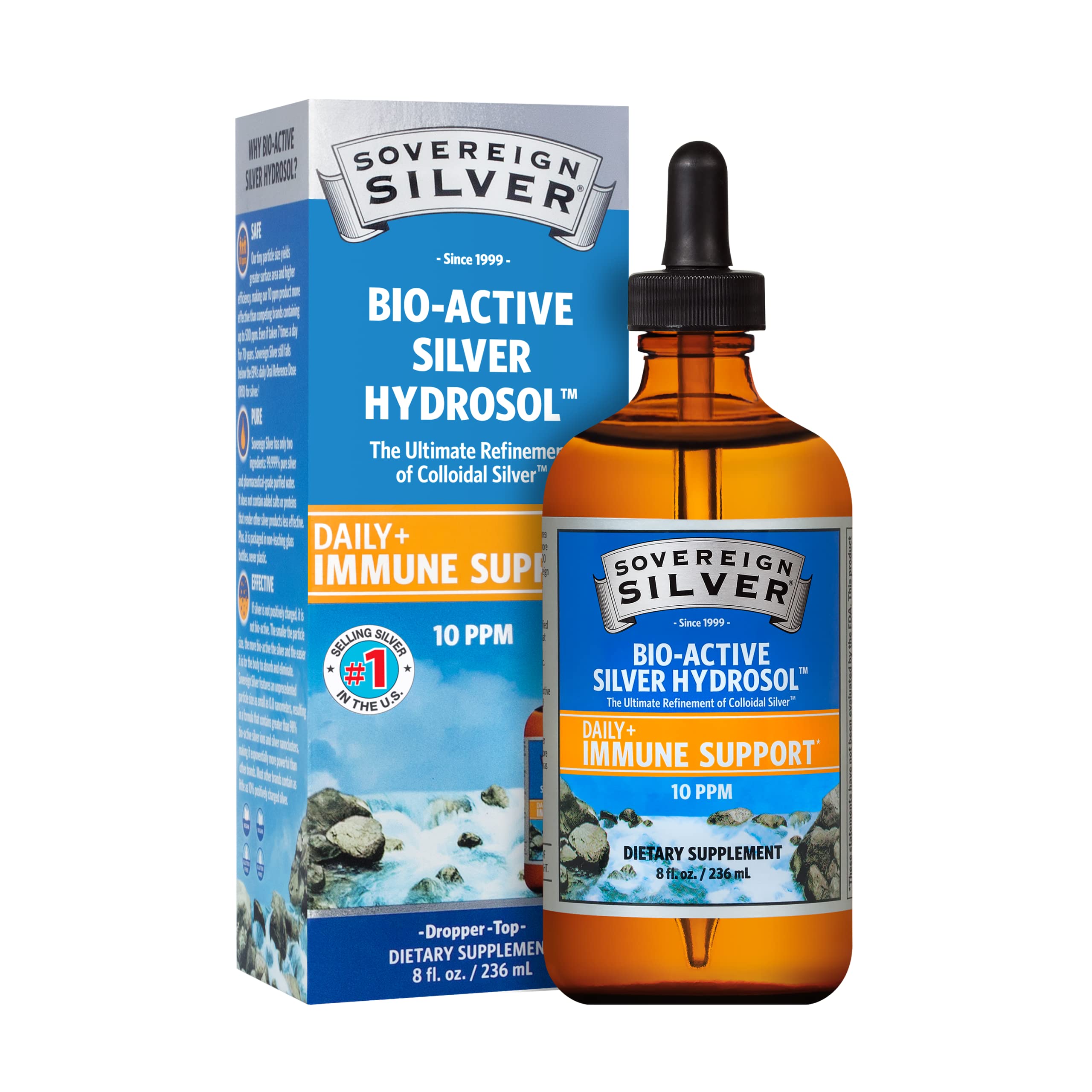 Sovereign SilverBio-Active Silver Hydrosol for Immune Support - Colloidal Silver - 10 ppm, 8oz (236mL) - Dropper