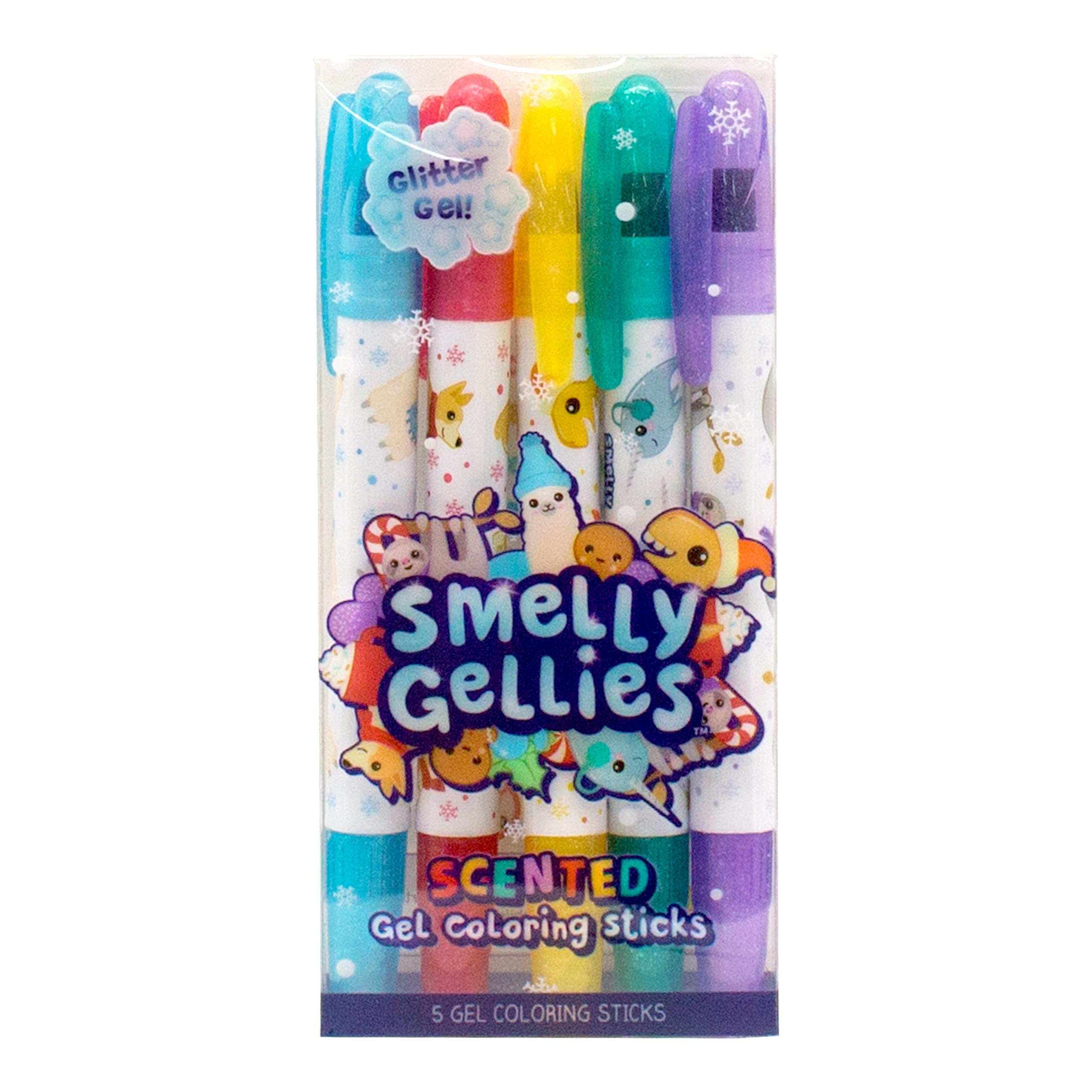 Holiday Smelly Gellies - Scented Glidewrite Glitter Gel Coloring Sticks, Crayons, Highlighters - 5 Count - Gifts for Kids, Stocking Stuffer