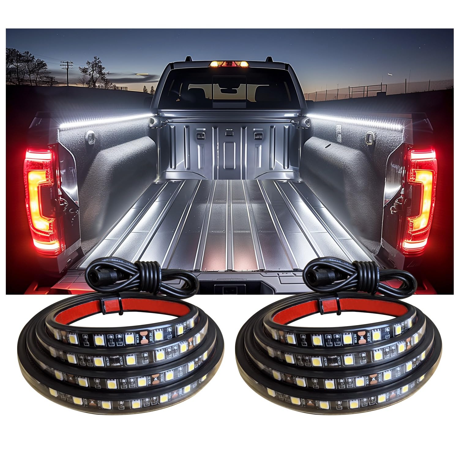 60Inch LED Truck Bed Lights, 2PCS White Truck Bed LED (Light Emitting Diode) Lighting Fixtures, Waterproof Truck Bed Lighting Bar Switch Fuse Splitter Cable for RV SUV Vans Cargo Boats