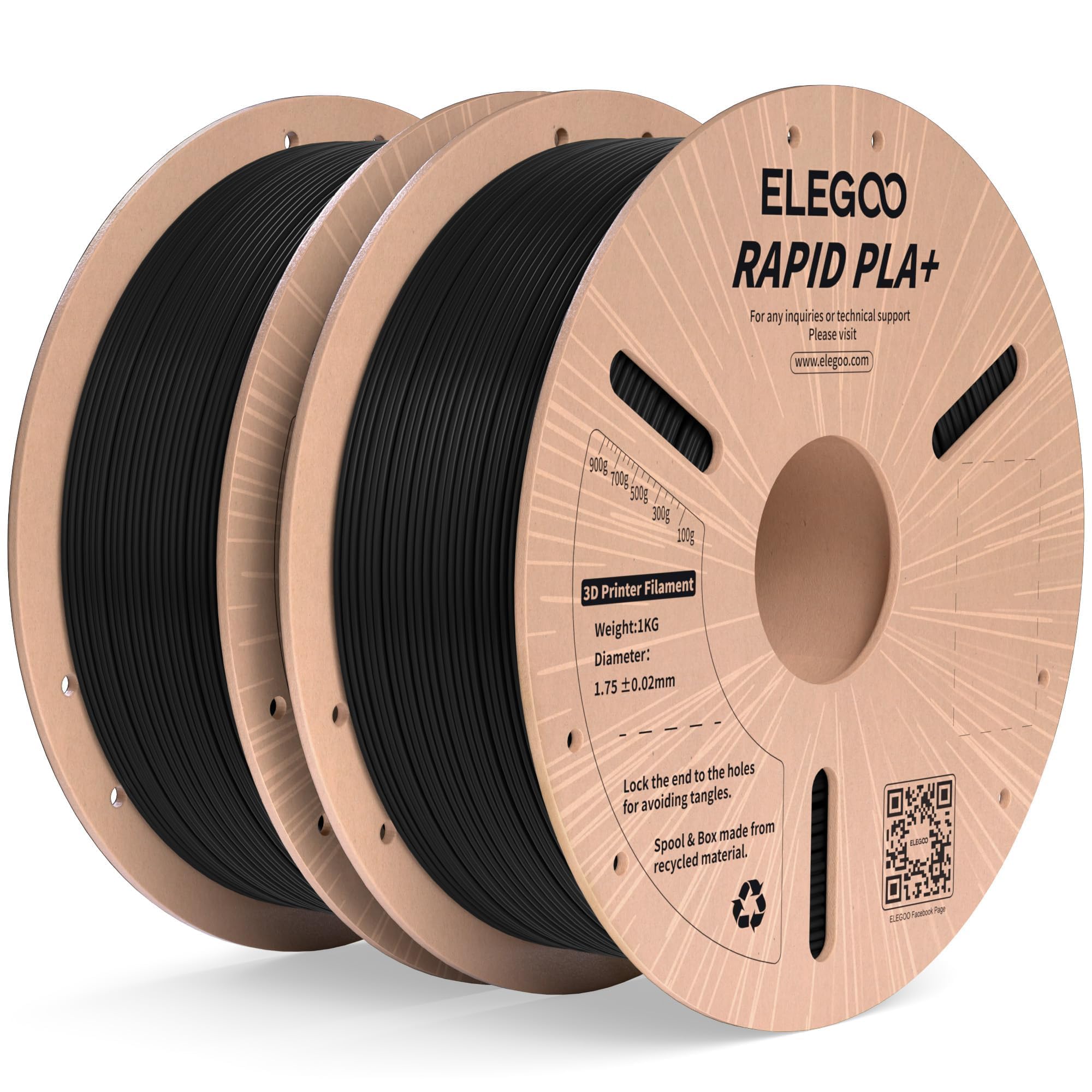 ELEGOO Rapid PLA Plus Filament 1.75mm Black 2KG, PLA+ 3D Printer Filament for 30-600 mm/s High Speed Printing, Dimensional Accuracy +/- 0.02 mm, 2 Pack 1kg Spool(2.2lbs)