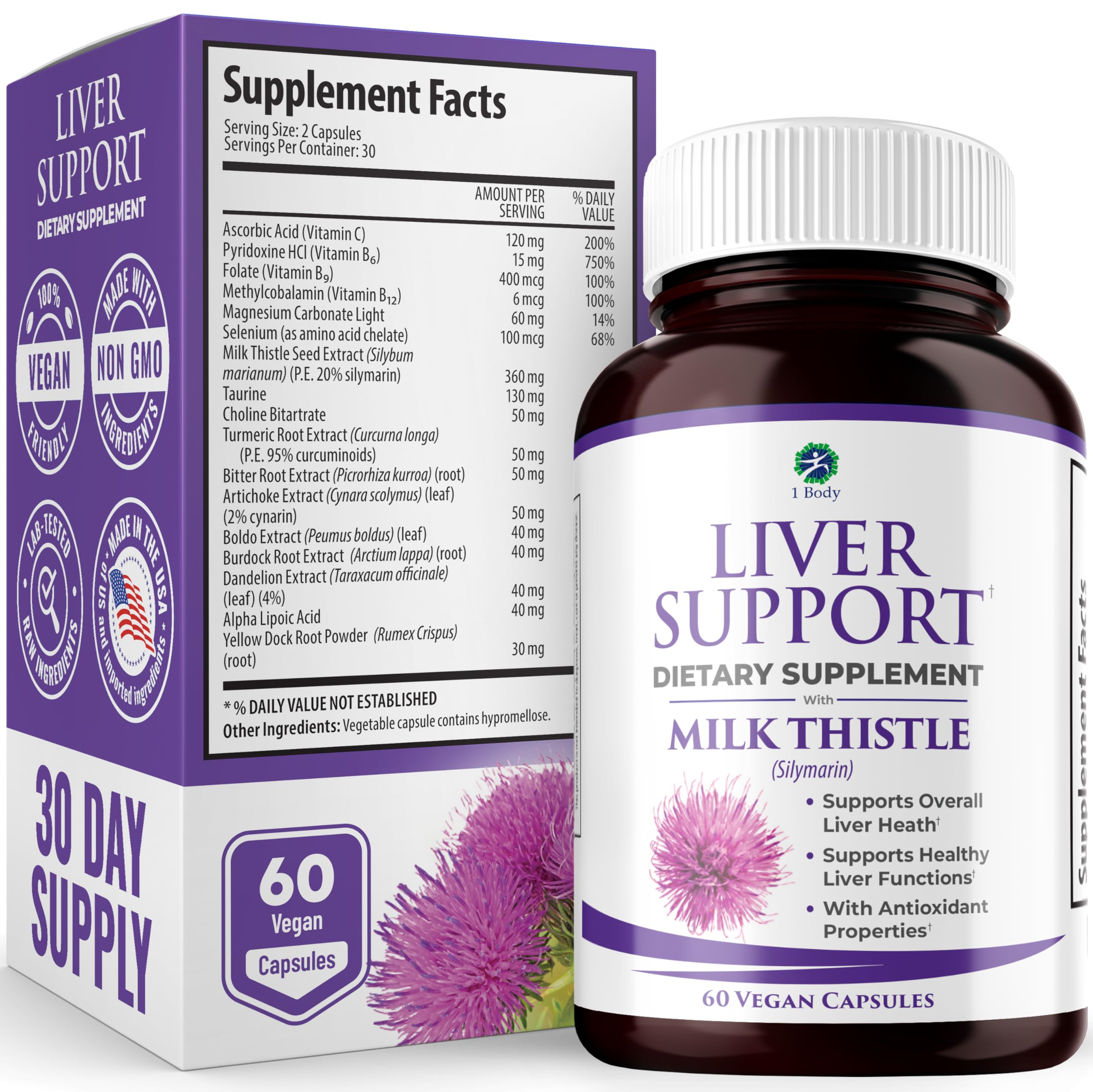 1 Body Liver Support Supplement - Liver Cleanse & Repair - Milk Thistle, Turmeric, Dandelion, Artichoke, VIT B12 & More - 60 Vegan Silymarin Capsules