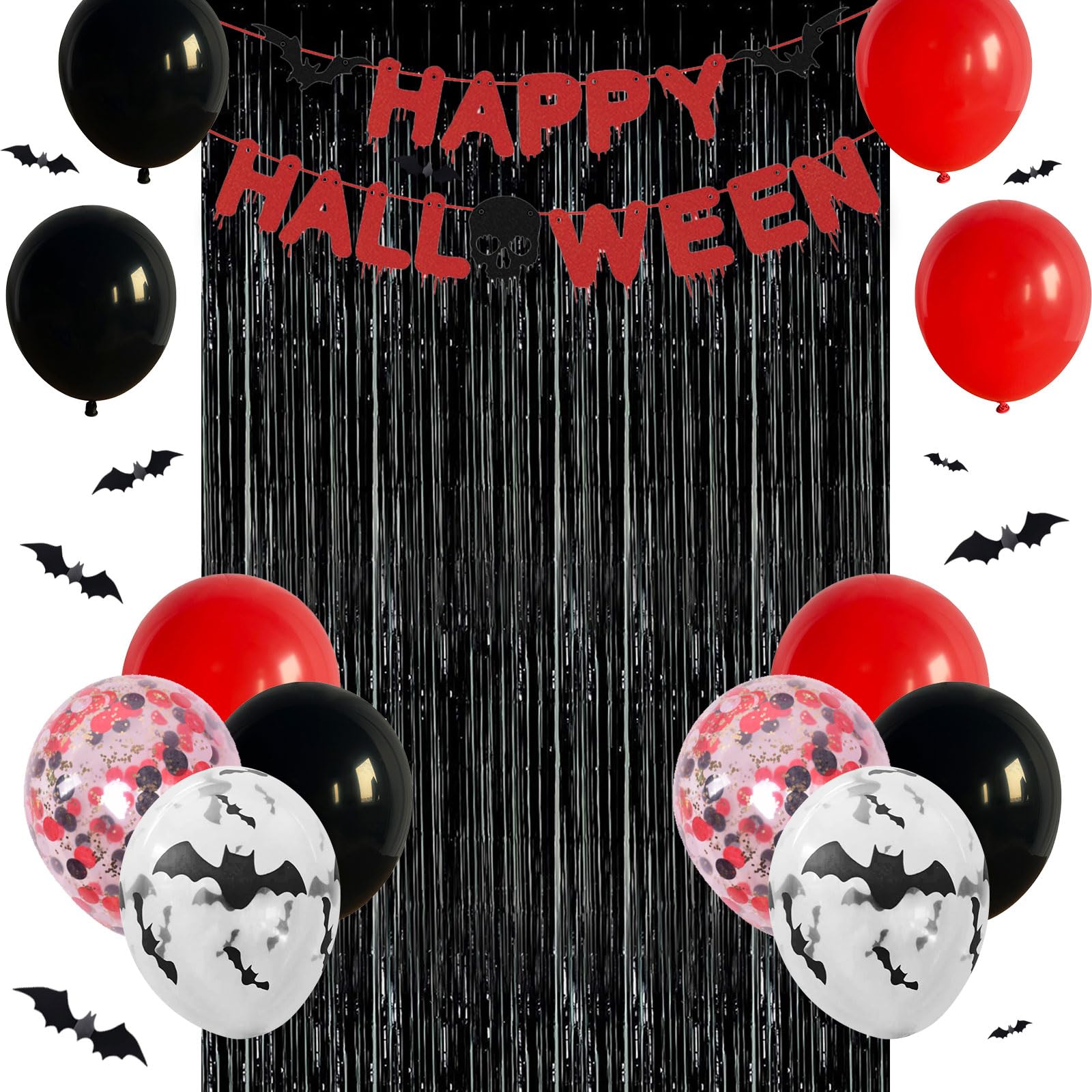 JobkooHalloween Decoration Halloween Banner Garland Halloween Balloons Black Red Halloween Tinsel Curtains Black 3D Bats Stickers for Halloween Birthday Party Decoration Scary Outdoor Indoor