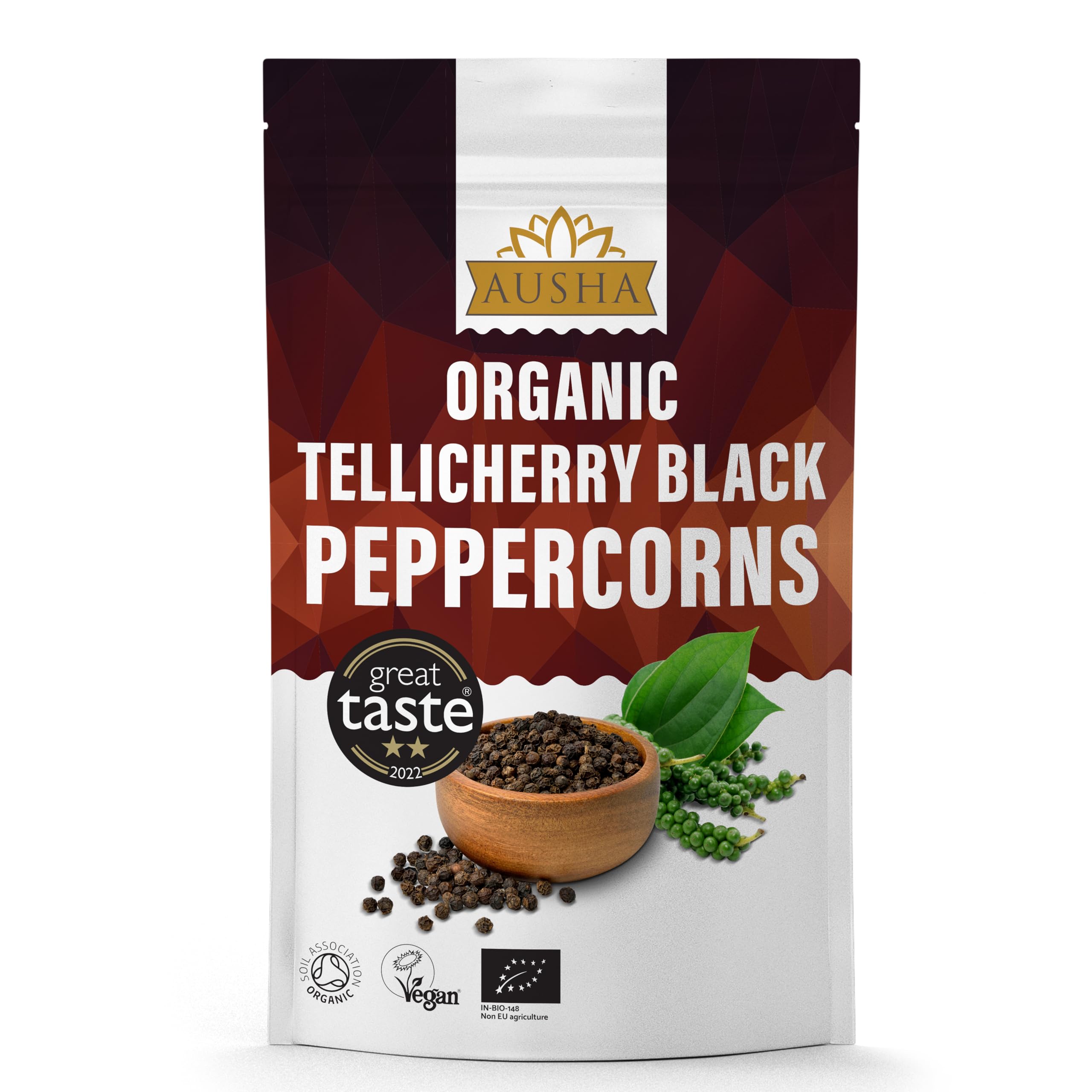 Ausha Organic Tellicherry Black Peppercorns 500g Whole | 2**Star GREAT TASTE AWARD 2022 - Pepper Size 4.25mm - 4.75mm - Certified Organic - Wayanad Pepper