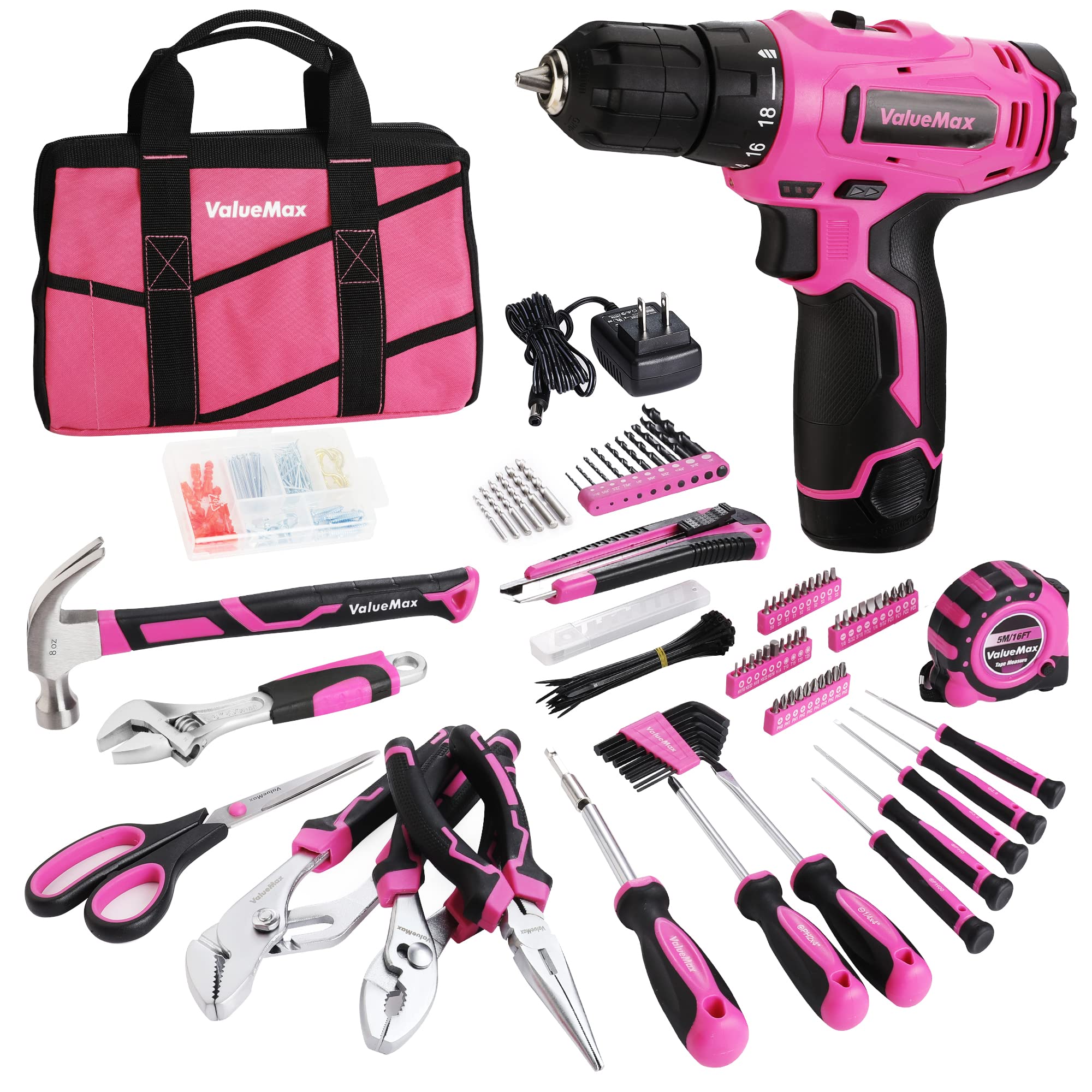 ValueMax Home Tool Kit with Drill, 233-Pieces Pink Tool Set with 12V Cordless Lithium-ion Drill, Power Tool Set with Wide Mouth Open Storage Bag, Basic Drill Sets Combo Kit for DIY and Daily Repair