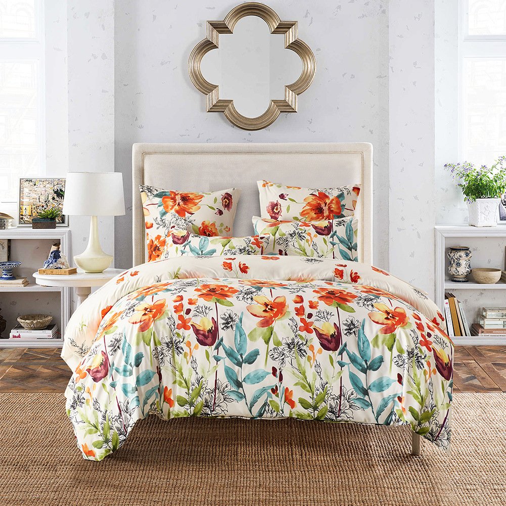 Lanqinglv Floral Double Duvet Cover 200x200cm and 2 Pillowcases Set With Zipper Closure Orange Flowers Printed Pattern Botanical Bedding Sets Microfiber Quilt Covers Set (Double,78390)