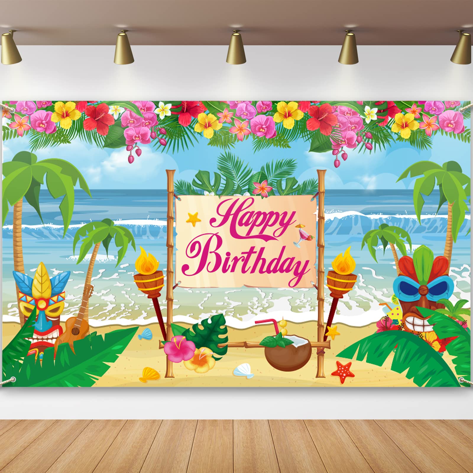 Tevxj Summer Hawaiian Birthday Backdrop for Hawaiian Luau Party Decorations Hawaiian Aloha Beach Banner for Aloha Luau Birthday Party Supplies Photo Booth Props Banner