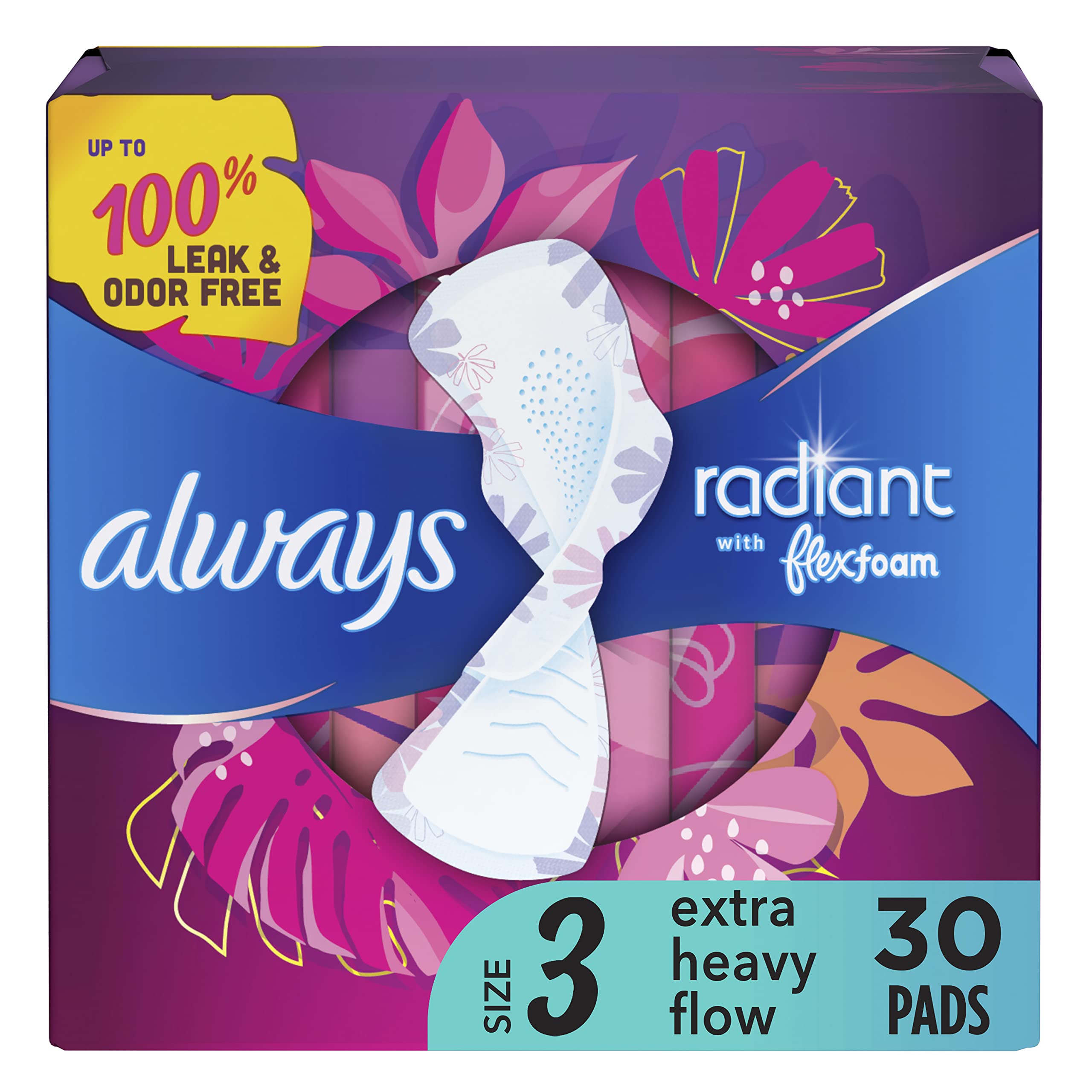 Always Radiant Feminine Pads for Women, Size 3 Extra Heavy, with Wings, Scented, 30 CT