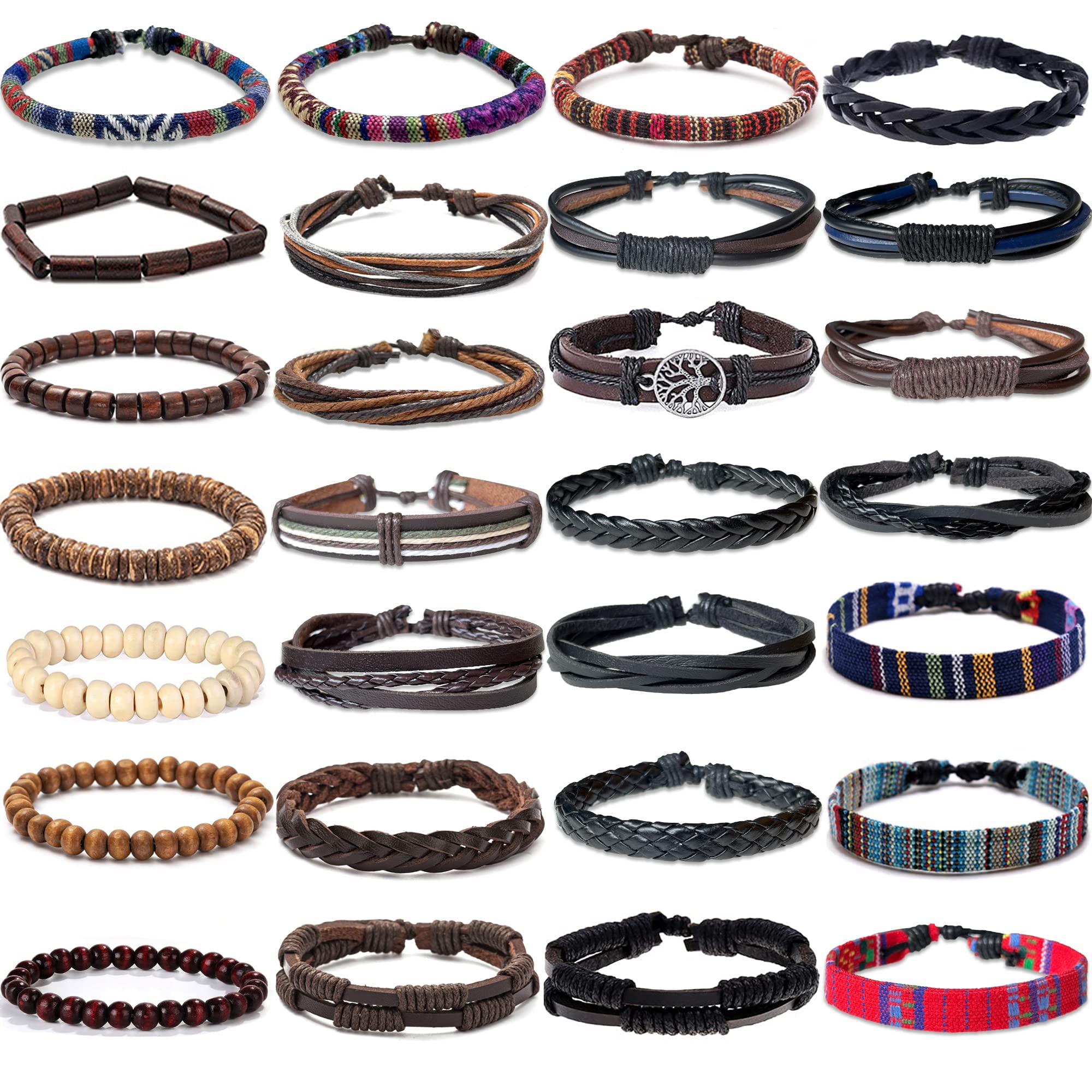 WAINIS28 Pcs Braided Leather Bracelets for Men Women Woven Cuff Wrap Bracelet Wood Beads Ethnic Tribal Bracelets Adjustable