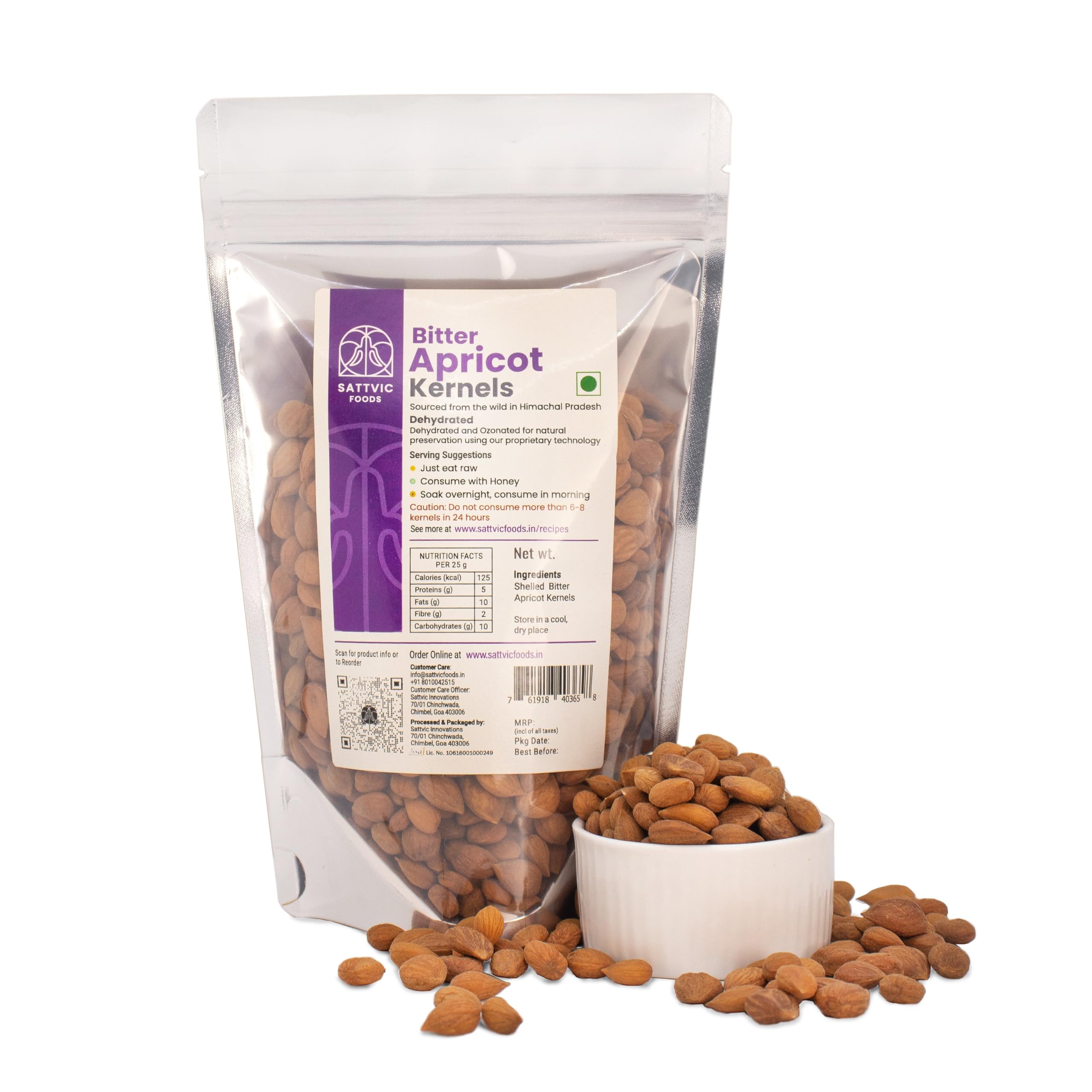 Sattvic Foods Bitter Apricot Kernels (250g) Dehydrated & Ozonated | Unprocessed & Raw | Boosts Immunity & Lowers Cholesterol levels | Soak overnight, eat plain or consume with honey