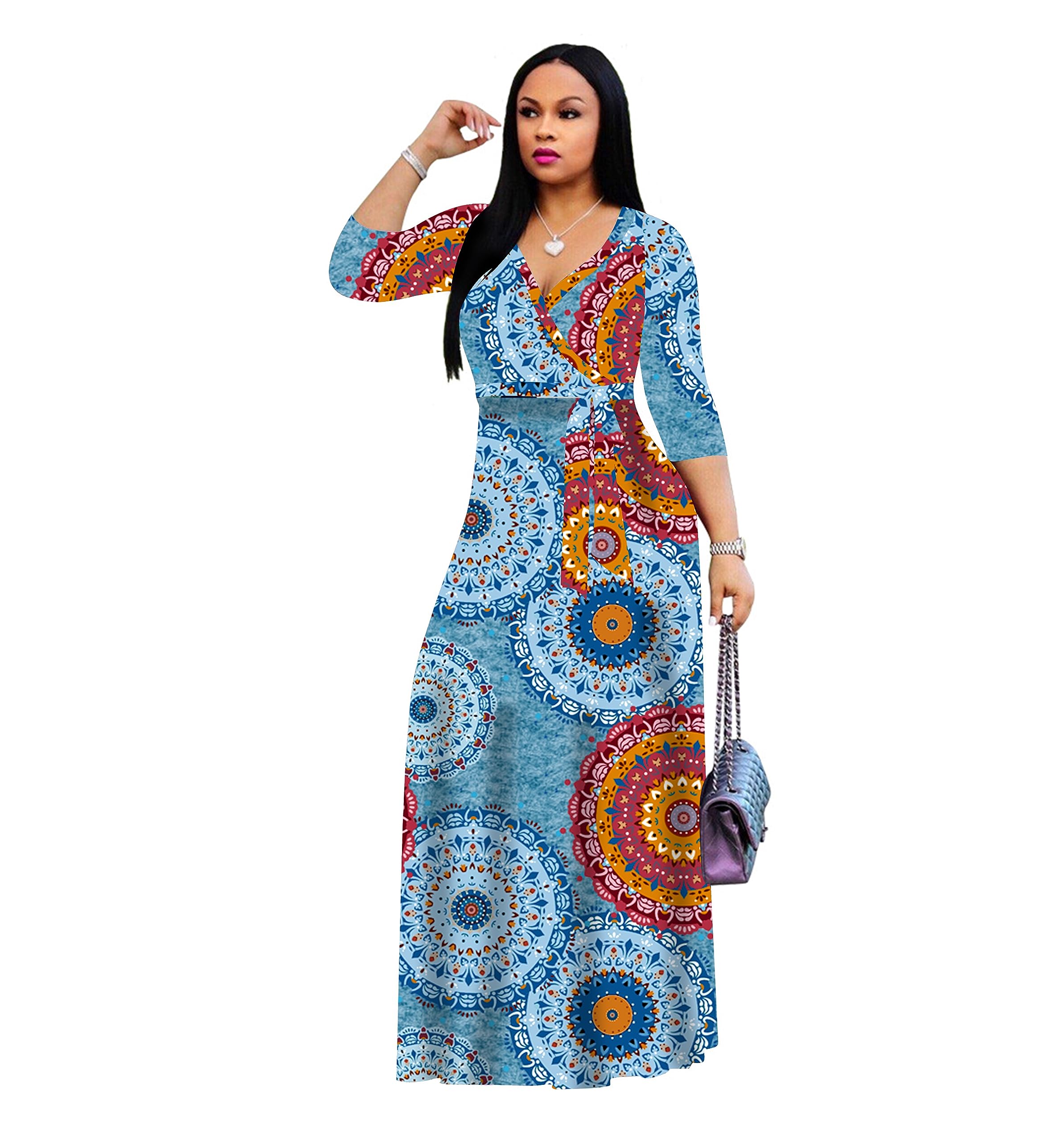 cocoganbaruWomen's Plus Size Dresses Deep V Neck Swing Floral Print Maxi Wrap Oversize African Dress Cocktail Party Long Dress with Belt