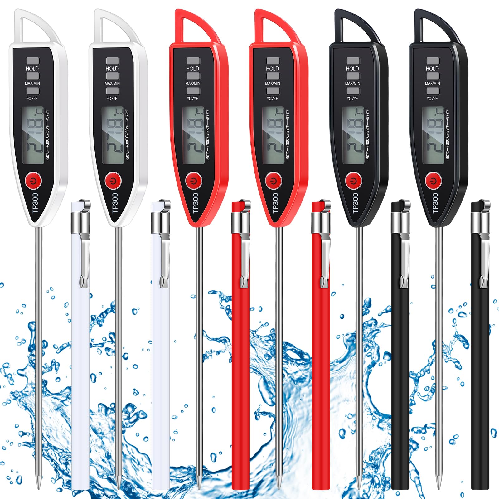 6 Set Waterproof Food Thermometer for Water, Liquid, Candle and Cooking Digital Meat Thermometer with Long Probe Instant Read Thermometer for Kitchen BBQ Grill Candy (Black, White, Red)