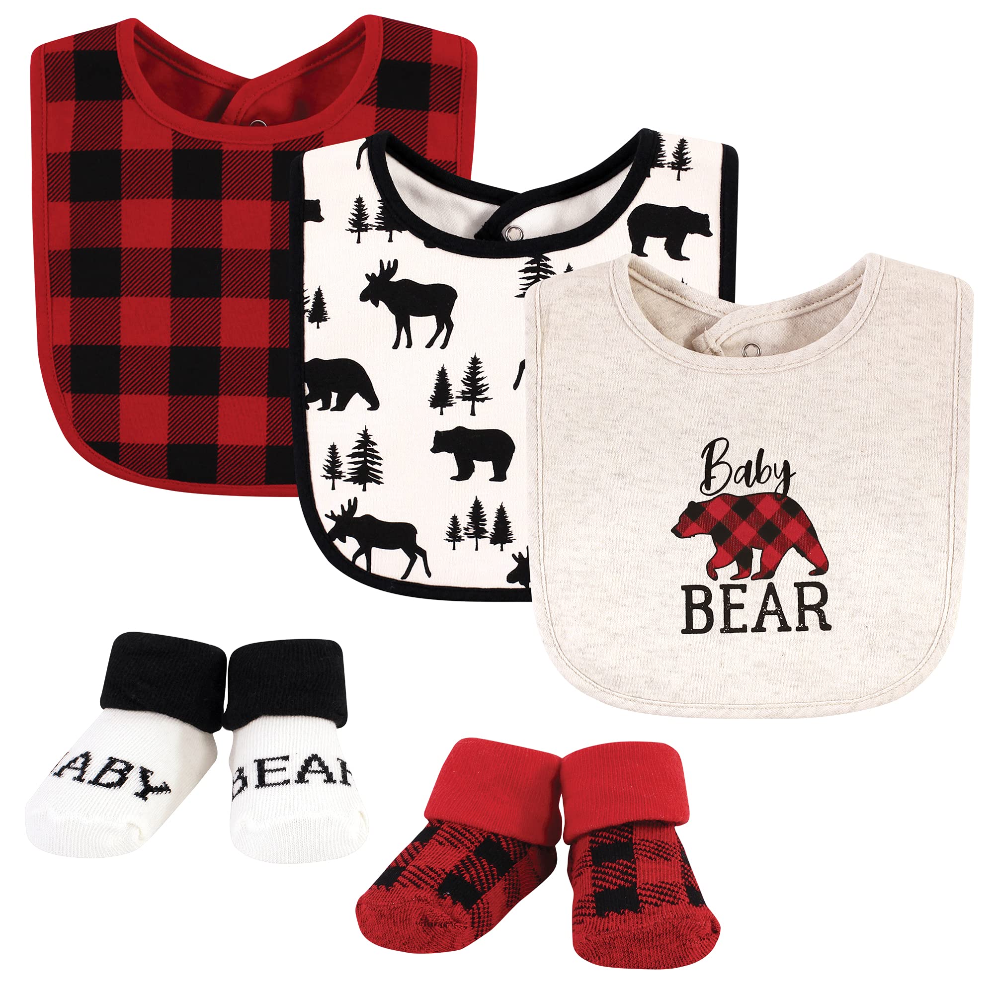 HUDSON BABY BIB & SOCKS SET 5PC BABY BEAR PLAID