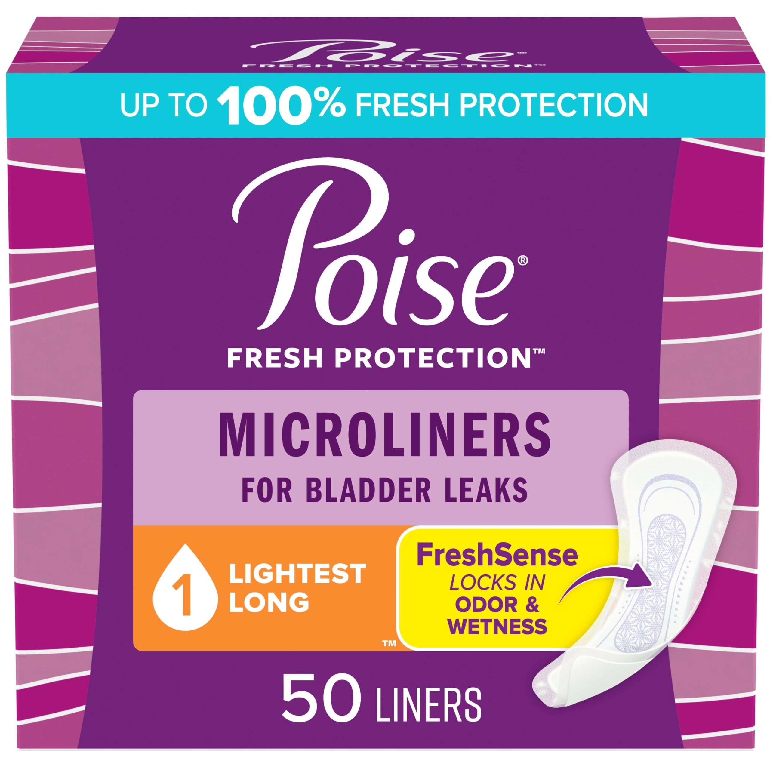 PoiseDaily Microliners, Incontinence Panty Liners, 1 Drop Lightest Absorbency, Long Length, 50 Count of Pantiliners