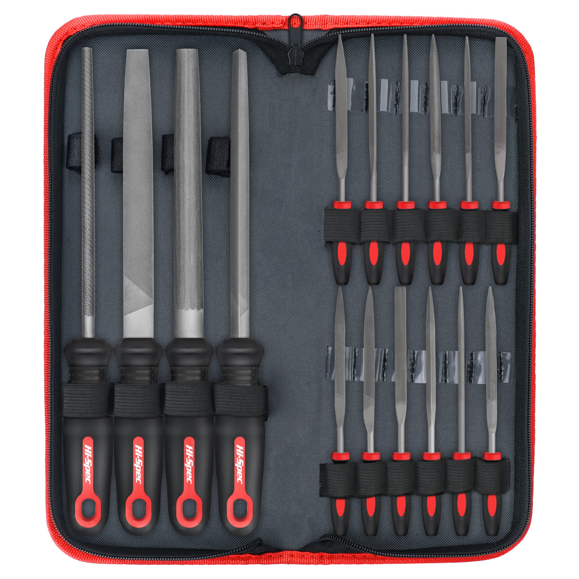 Hi-Spec 16 Piece Metal Hand & Needle Files Tool Set Kit. Large & Small Mini T12 Carbon Steel Flat, Half, Round, Triangle Files. Complete in a Zipper Carry Case