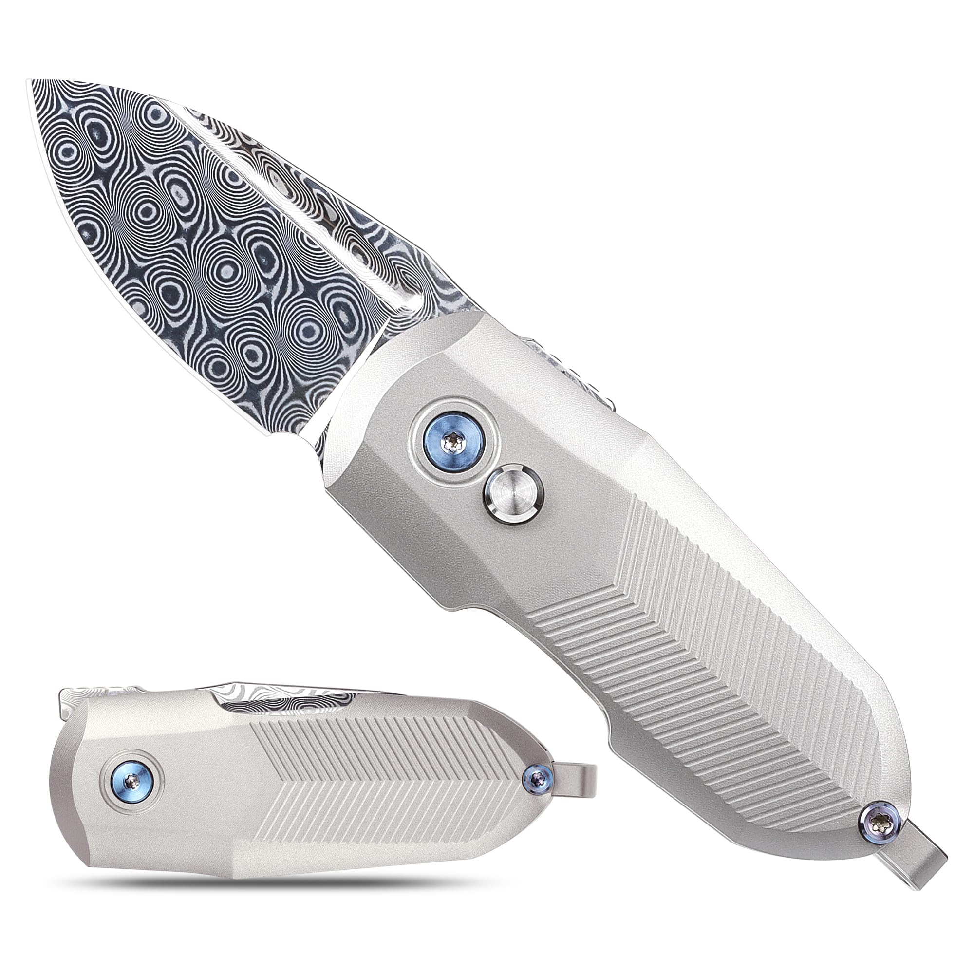 Small Pocket Knife,1.38" Damascus Blade EDC Folding Knives with Button Lock Titanium Handle Knifes TD774