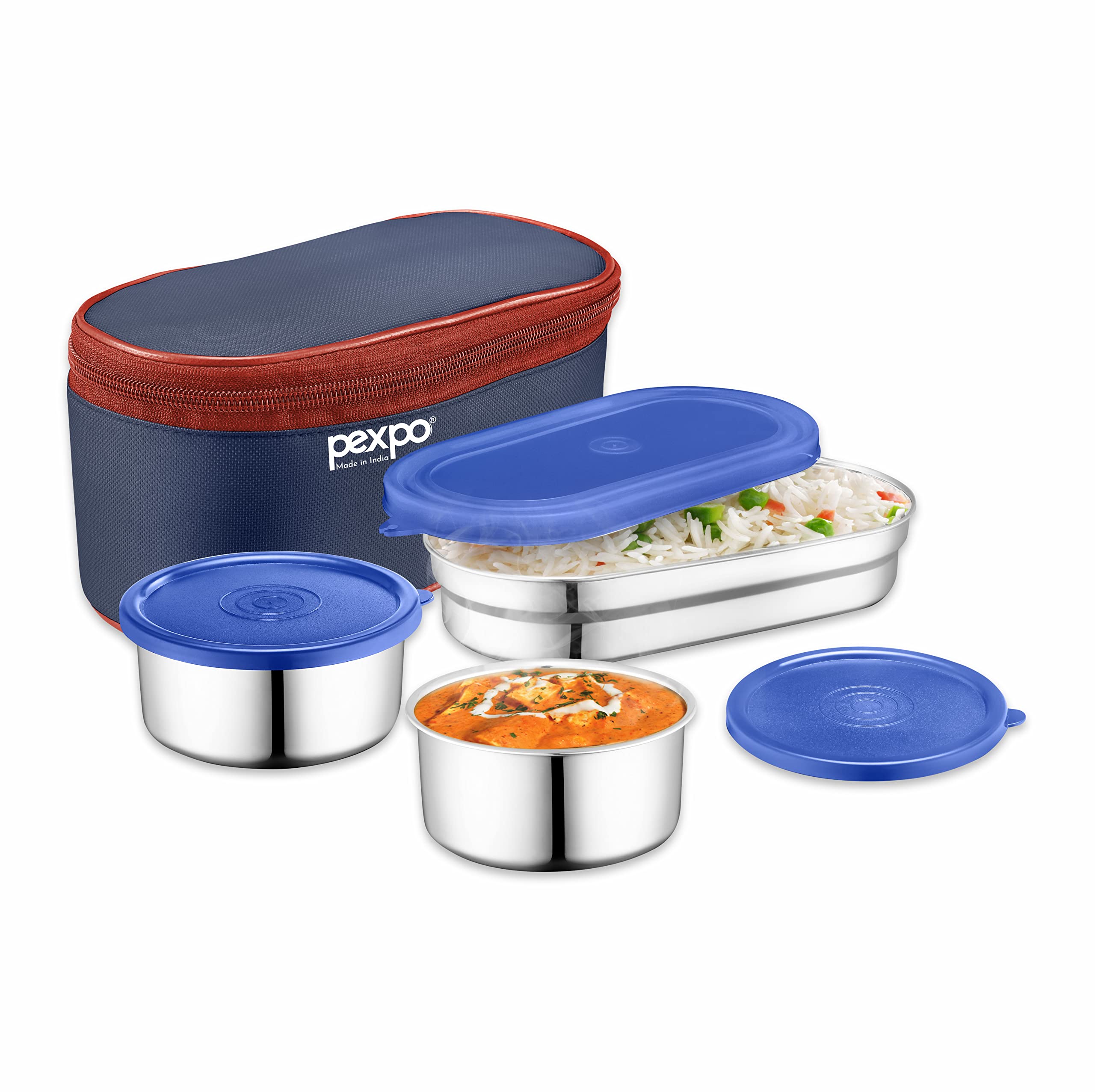 PEXPO Stainless Steel Double Decker Lunch Box with 2 Round & 1 Oval Air-Tight Containers, Blue, Delight | Compact & Portable