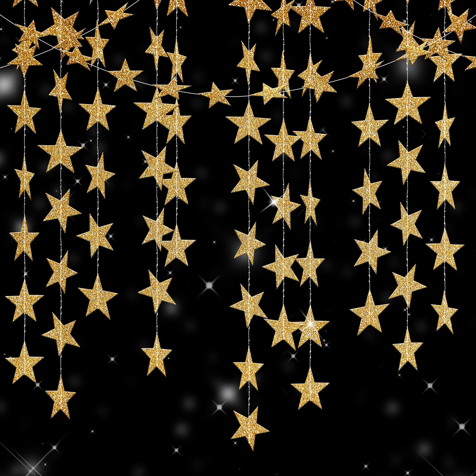 jijAcraft Glitter Gold Star Garland Decorations Hanging Garands Banner Backdrop, 2.7 inch Star Party Decoration for Birthday Baby Shower Wedding Kids Room Ramadan EID Graduation Decor (52 Feet)