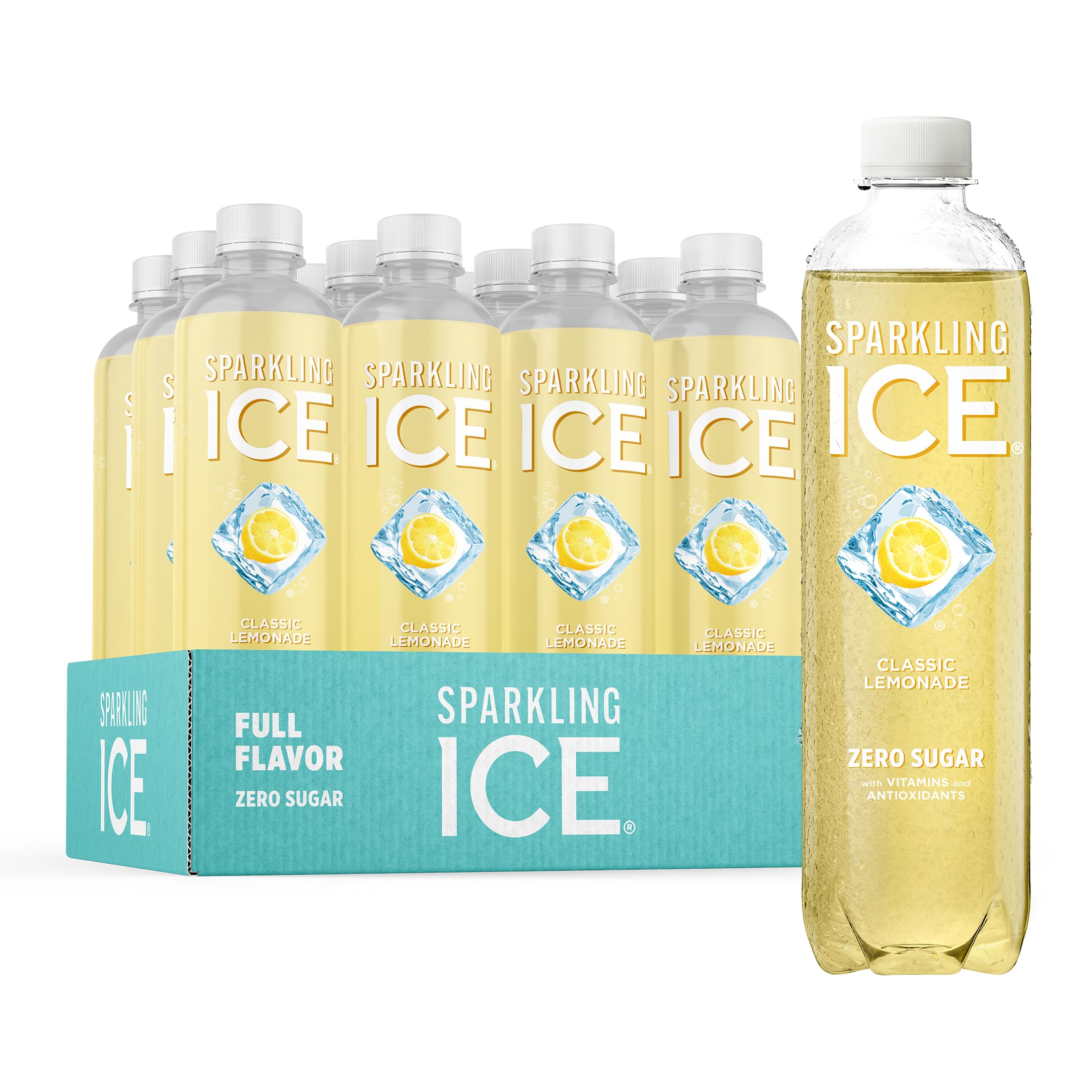 Sparkling Ice, Classic Lemonade Sparkling Water, Zero Sugar Flavored Water, with Vitamins and Antioxidants, Low Calorie Beverage, 17 oz Bottles (Pack of 12)