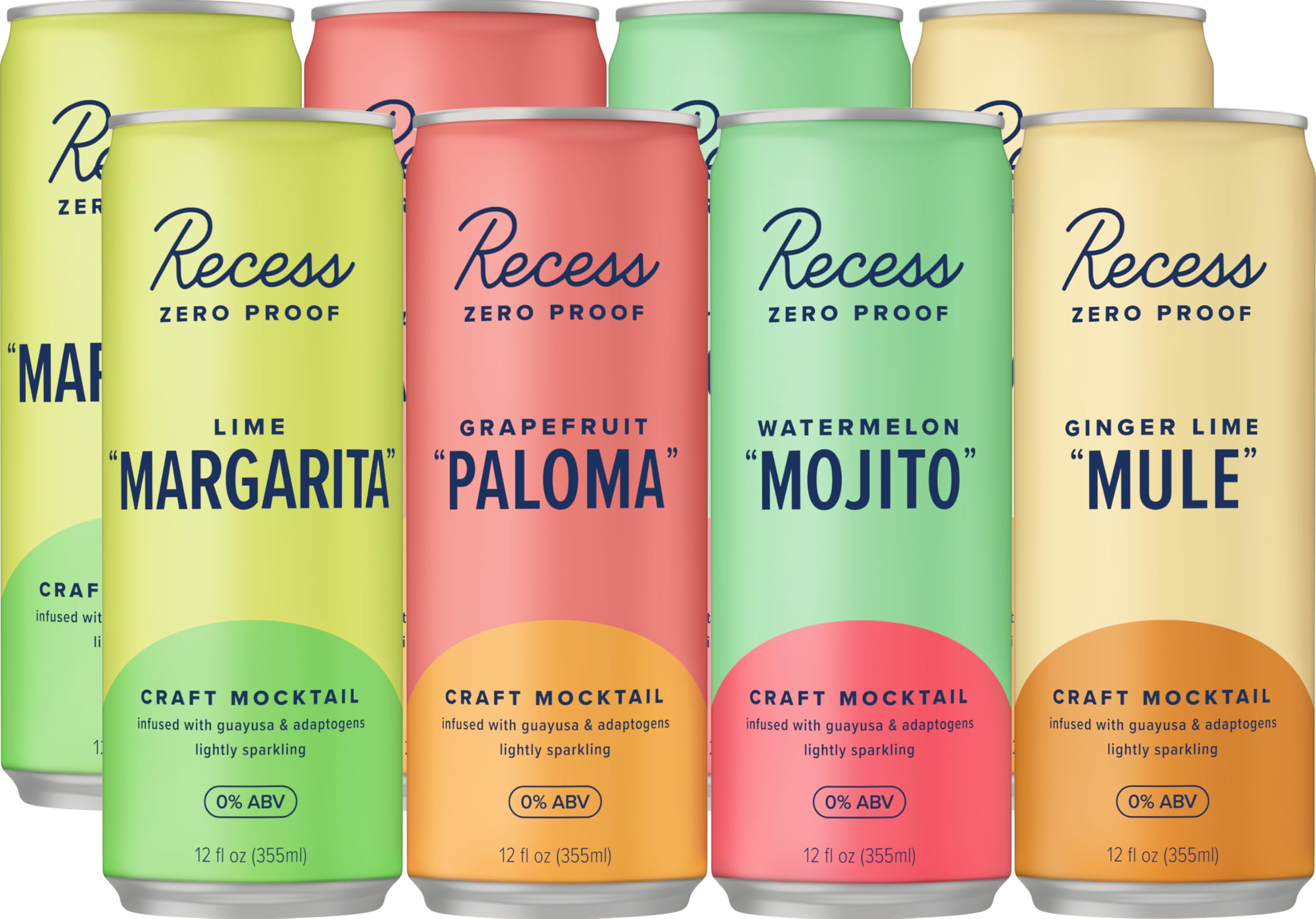 Recess Zero Proof Craft Mocktails, Alcohol Free Drinks, With Adaptogens, Non-Alcoholic Beverage Replacement, Mixer, Celebration, Party, (Sampler, 12oz, Pack of 12)