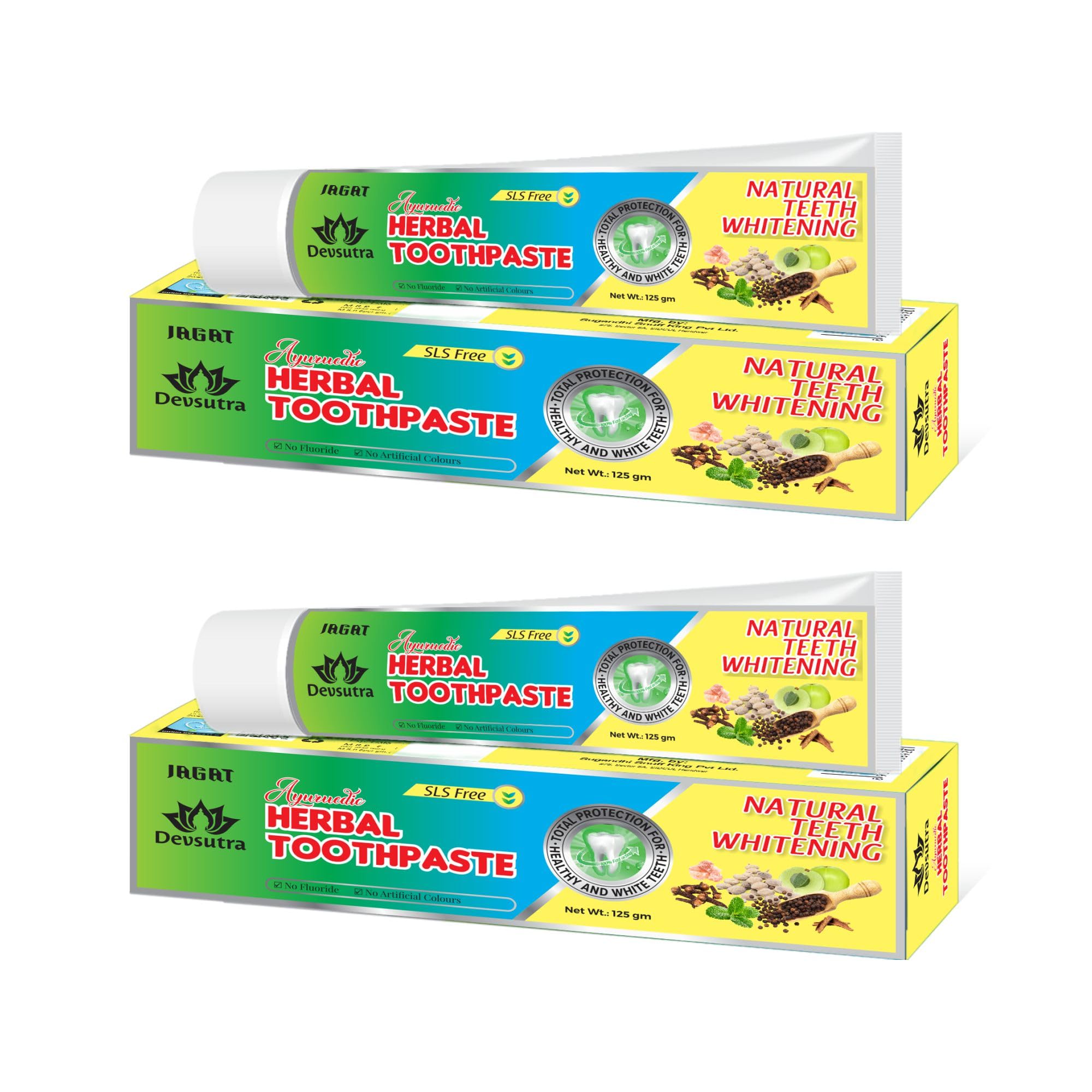 Jagat Devsutra Dr. Recommended Ayurvedic Herbal Fresh Mint Flavour Toothpaste Combo Pack Offer - 100% Natural Teeth Whitening Formula, No Fluoride & No Artificial Colours - Pack of 2 (125g X 2)