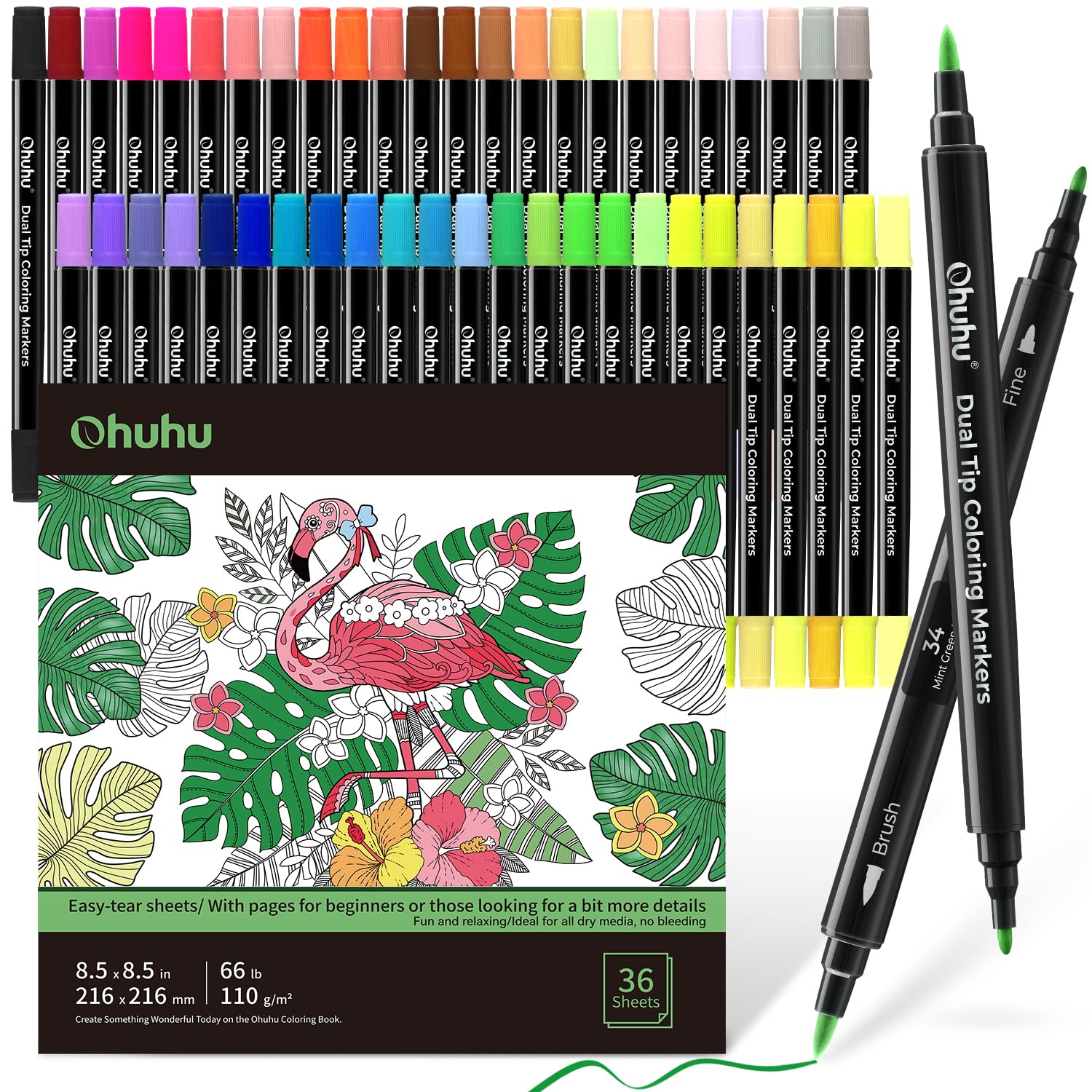 Ohuhu Markers Brush Tip 48-colors with 36-sheet Coloring Book - Double Tipped Markers for Adults Coloring Books - Art Marker Set Bundles with 100% Bleed-proof Coloring Pages - Fine & Brush Dual Tips