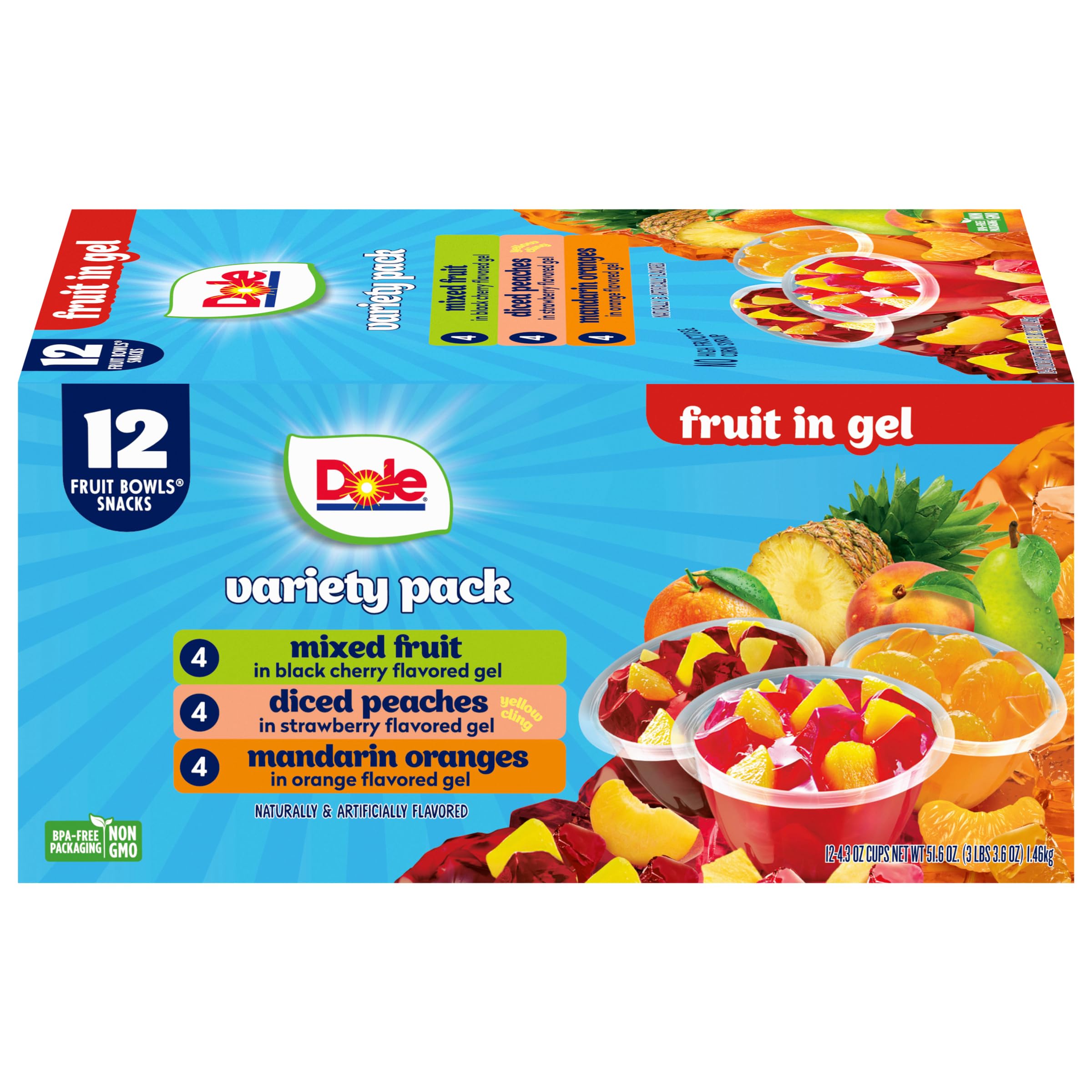 Dole Diced Peaches, Mandarin Oranges, and Mixed Fruit in Gel Variety Pack - Dole Fruit Bowls Snacks - 4.3 oz Fruit Bowls - 12 Pack