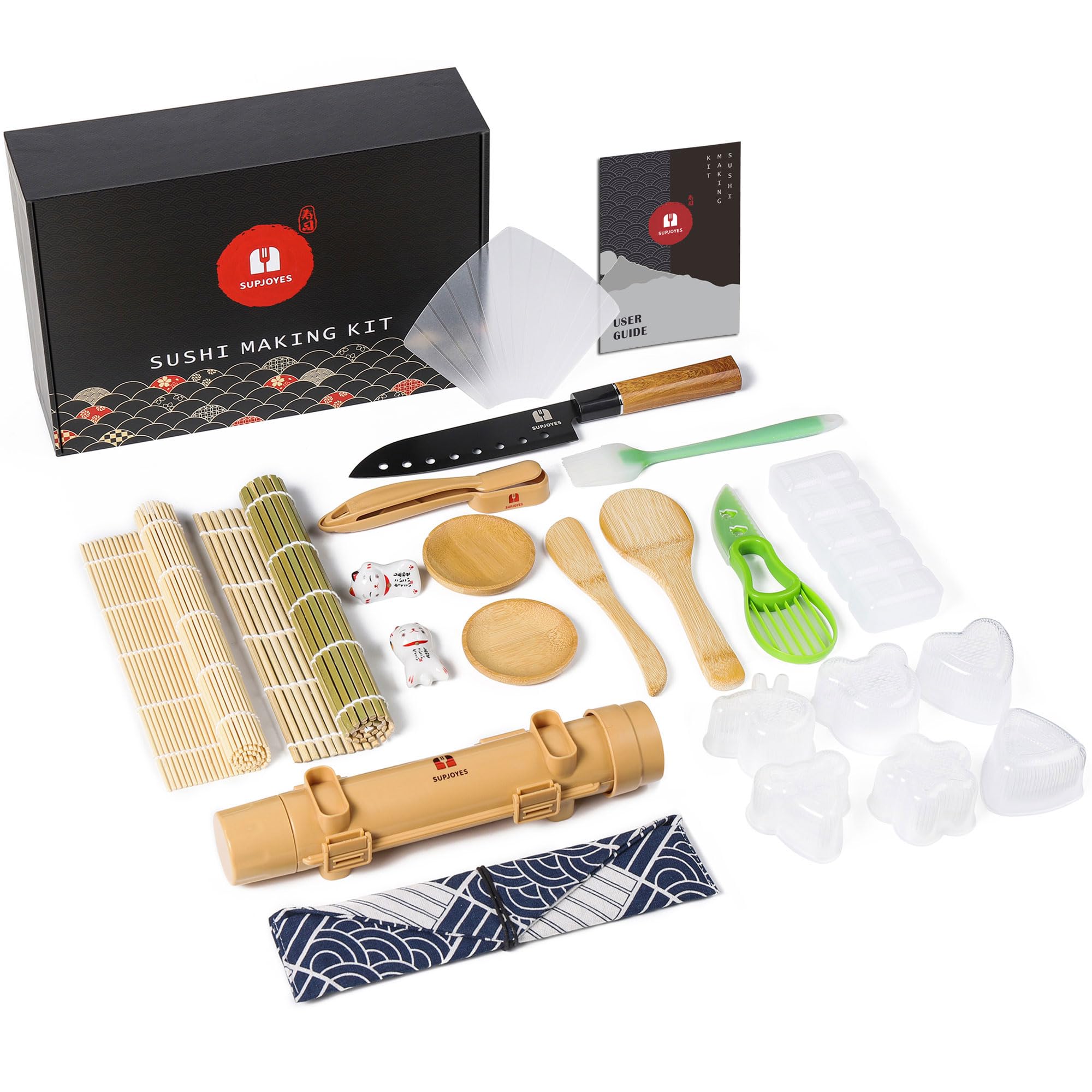 SUPJOYES Sushi Making Kit - 27 in 1 Complete Sushi Maker for Beginners, with Bamboo Rolling Mat, Sushi Bazooka, Knife, Chopsticks, Nigiri/Onigiri/Gunkan Sushi Molds, Guide Book & More