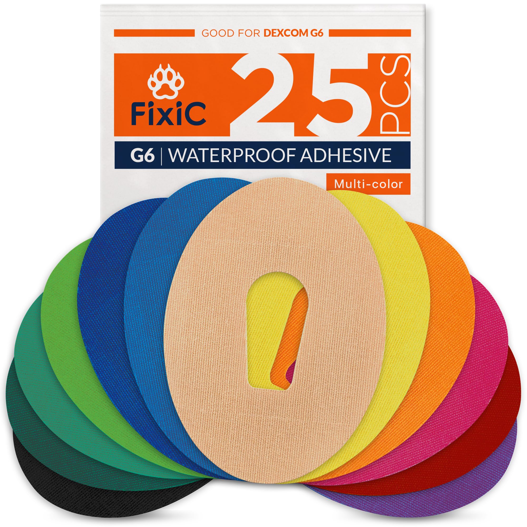 FixiC – Adhesive Patches for G6 – 25 Pack Premium Waterproof Adhesive Patches – Pre-Cut Back Paper – Adhesive Patch for G6 – Long Fixation! (Multi-Color)