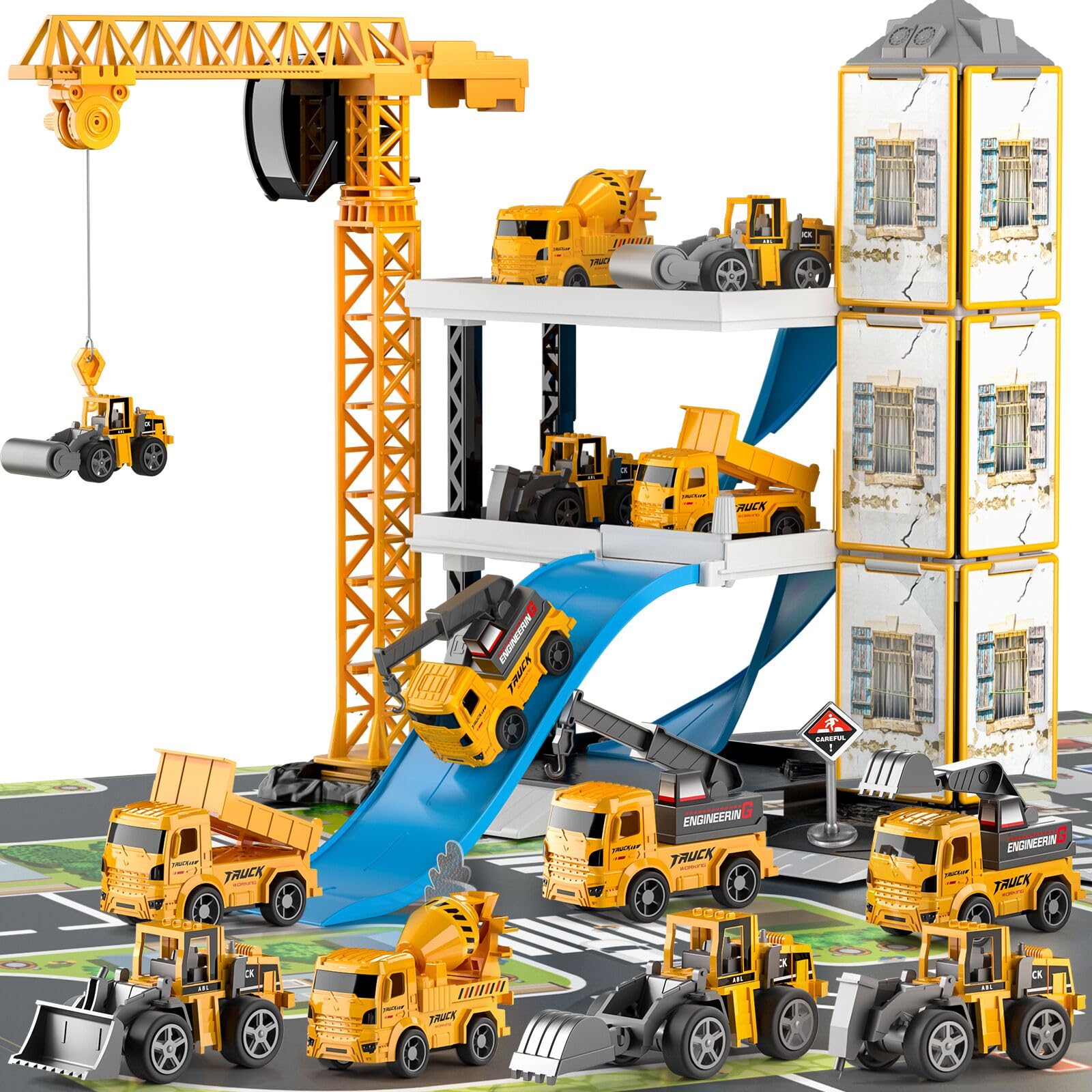 TEMIConstruction Truck Toys for 3 4 5 6 Year Old Boys, 60PCS Kids Engineering Trucks Vehicle w/Tractor, Crane, Dump, Excavator and Map, Birthday Gift Toys for Girls Children Toddlers